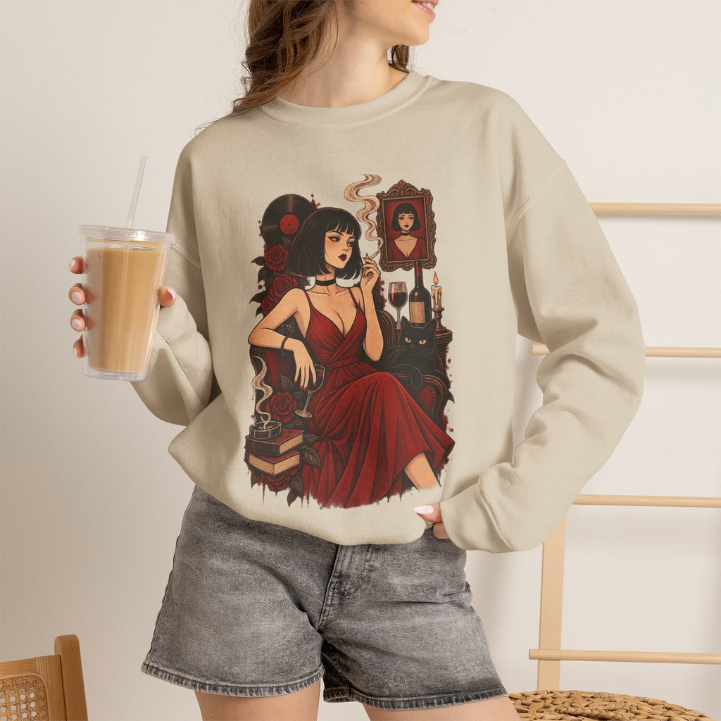 Gothic Noir Crewneck Sweatshirt — "Midnight Parlour" Retro Vampire Femme Design