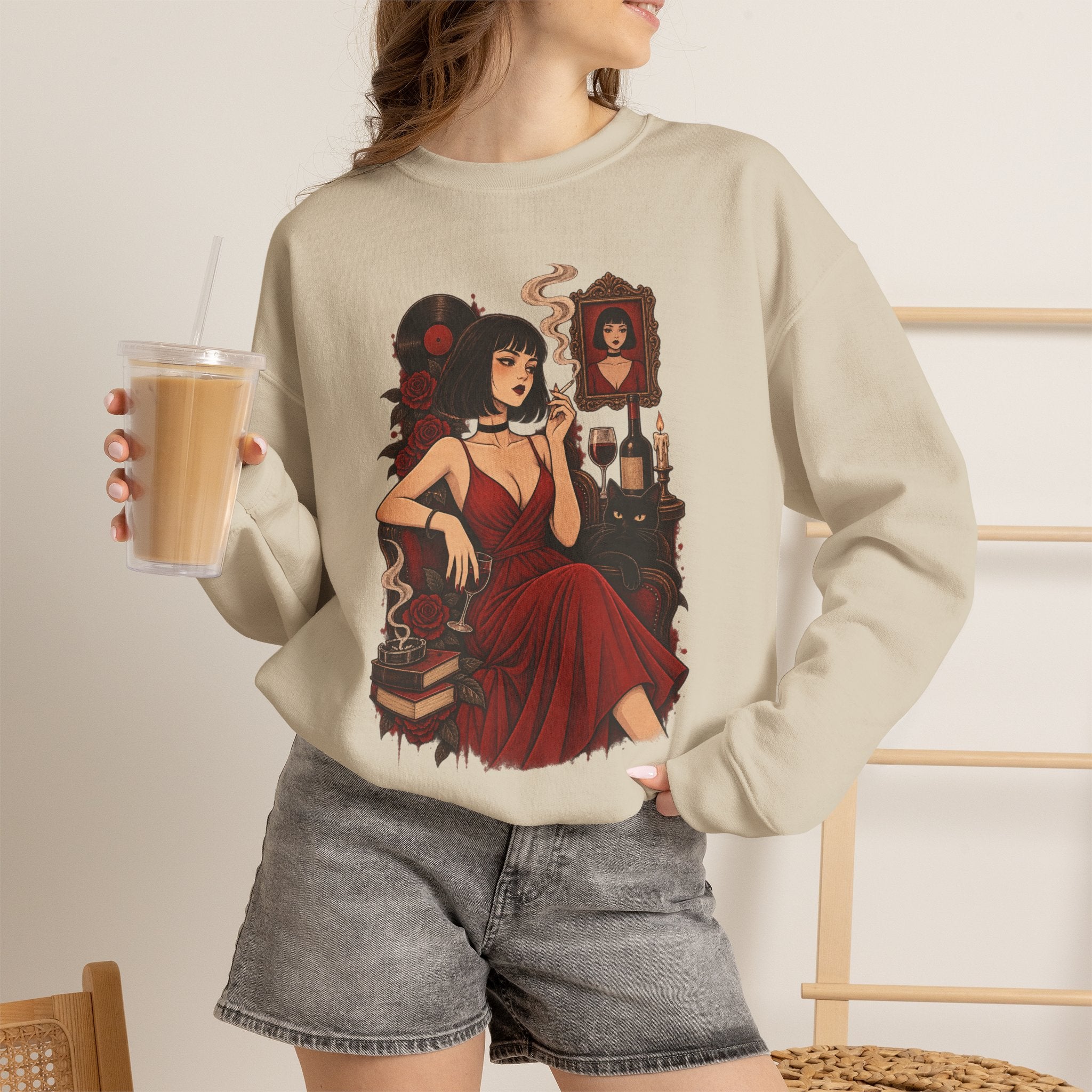 Gothic Noir Crewneck Sweatshirt — "Midnight Parlour" Retro Vampire Femme Design