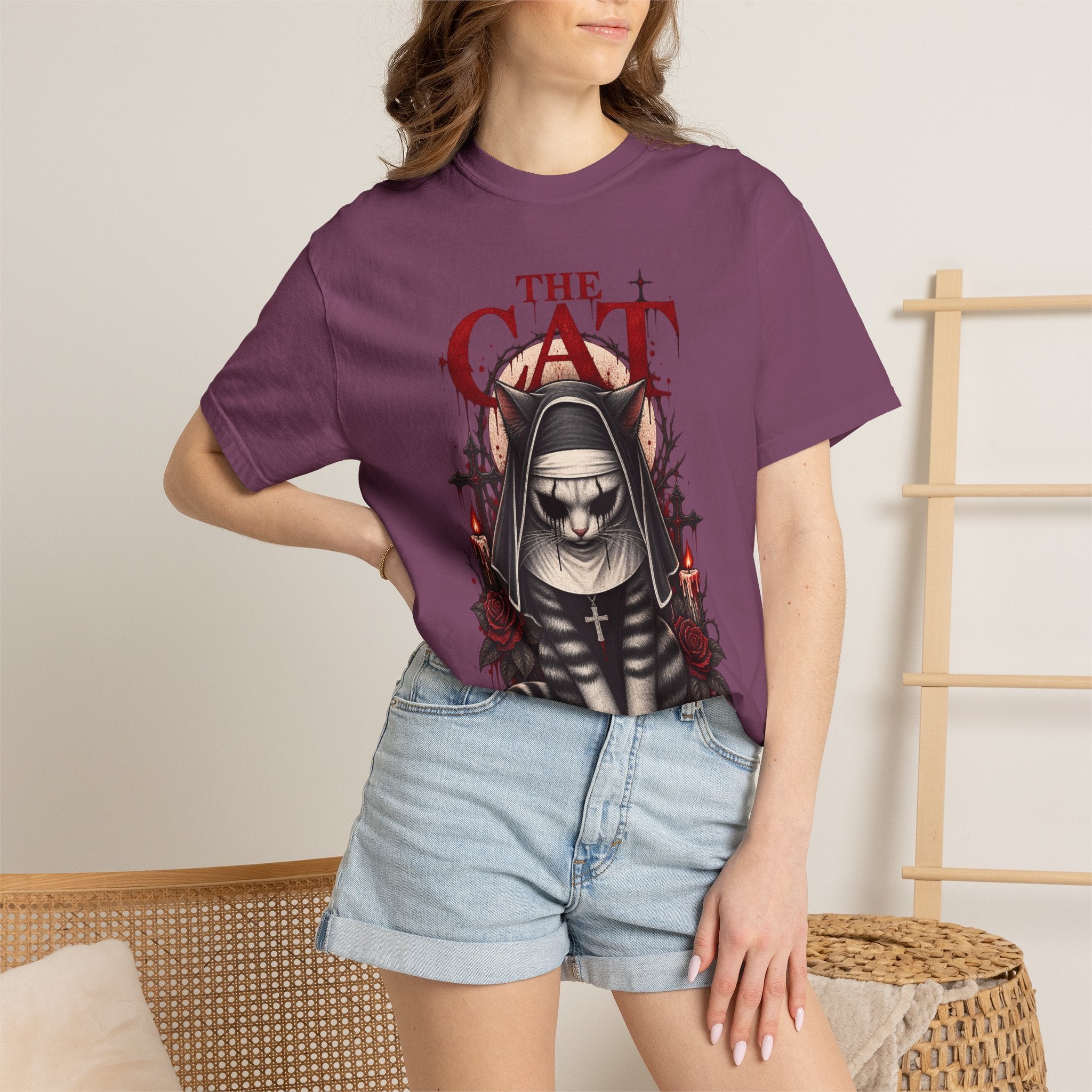 Gothic 'The Cat' T-Shirt — Nun Cat with Roses & Crosses