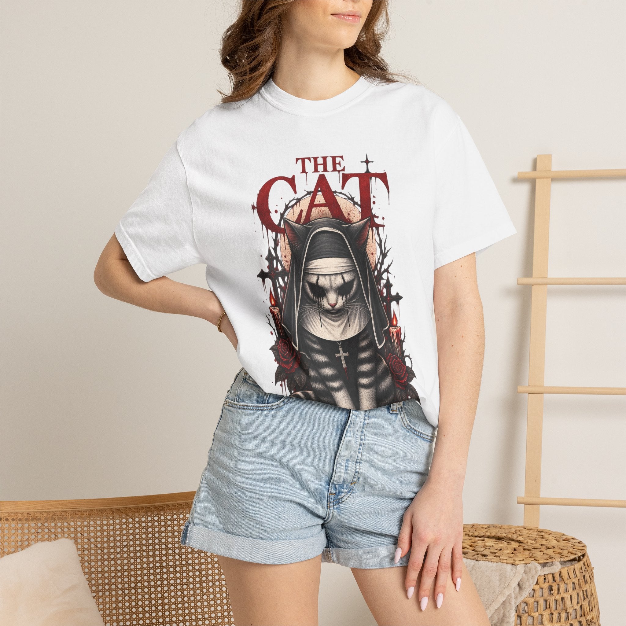 Gothic 'The Cat' T-Shirt — Nun Cat with Roses & Crosses