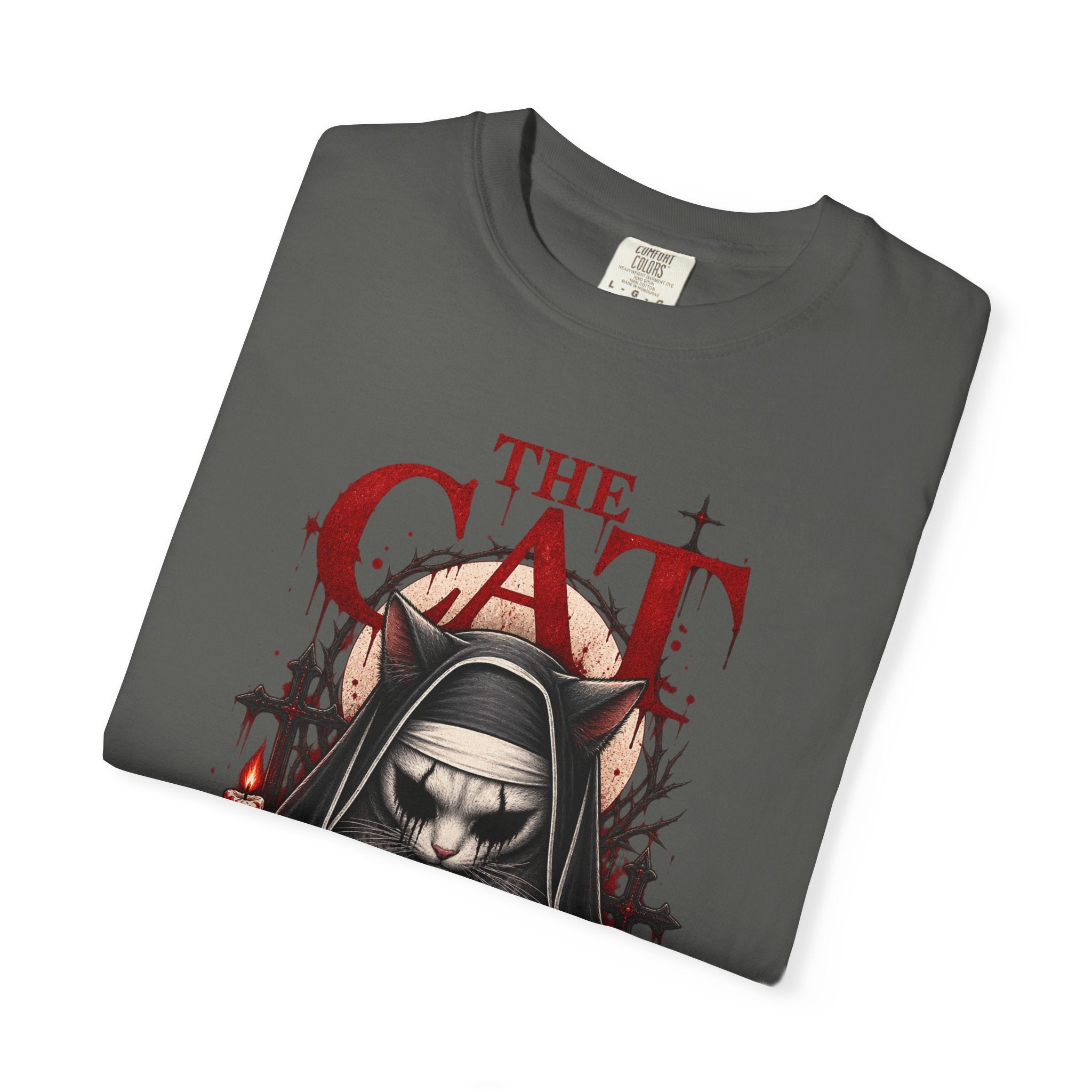 Gothic 'The Cat' T-Shirt — Nun Cat with Roses & Crosses