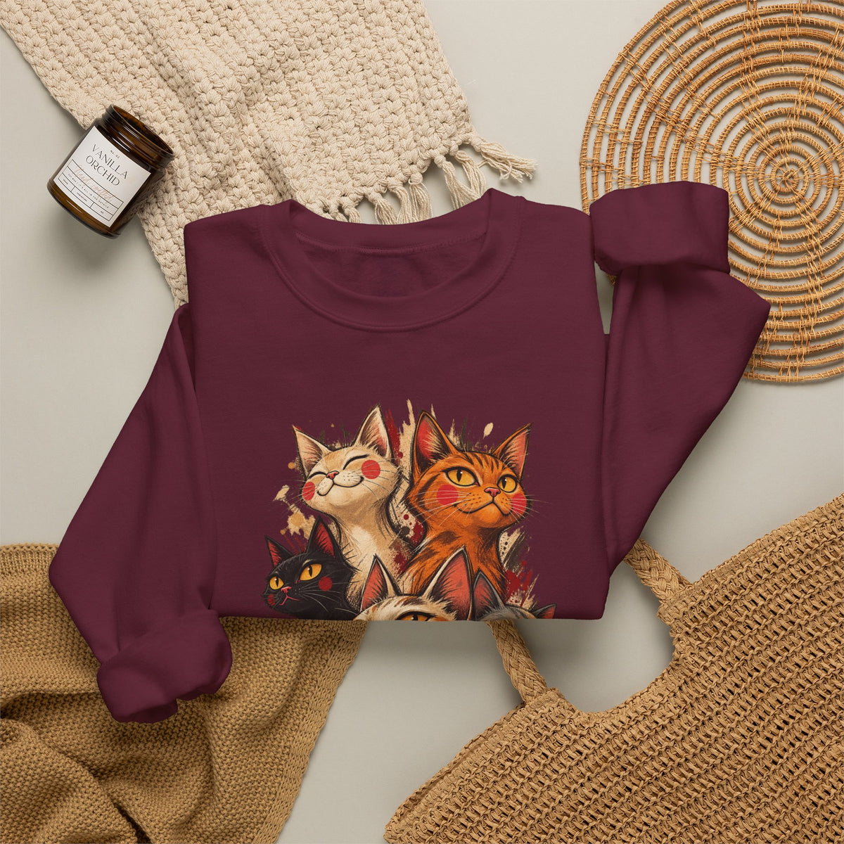 Cat Pack Crewneck Sweatshirt — Whimsical Multi-Cat Illustration