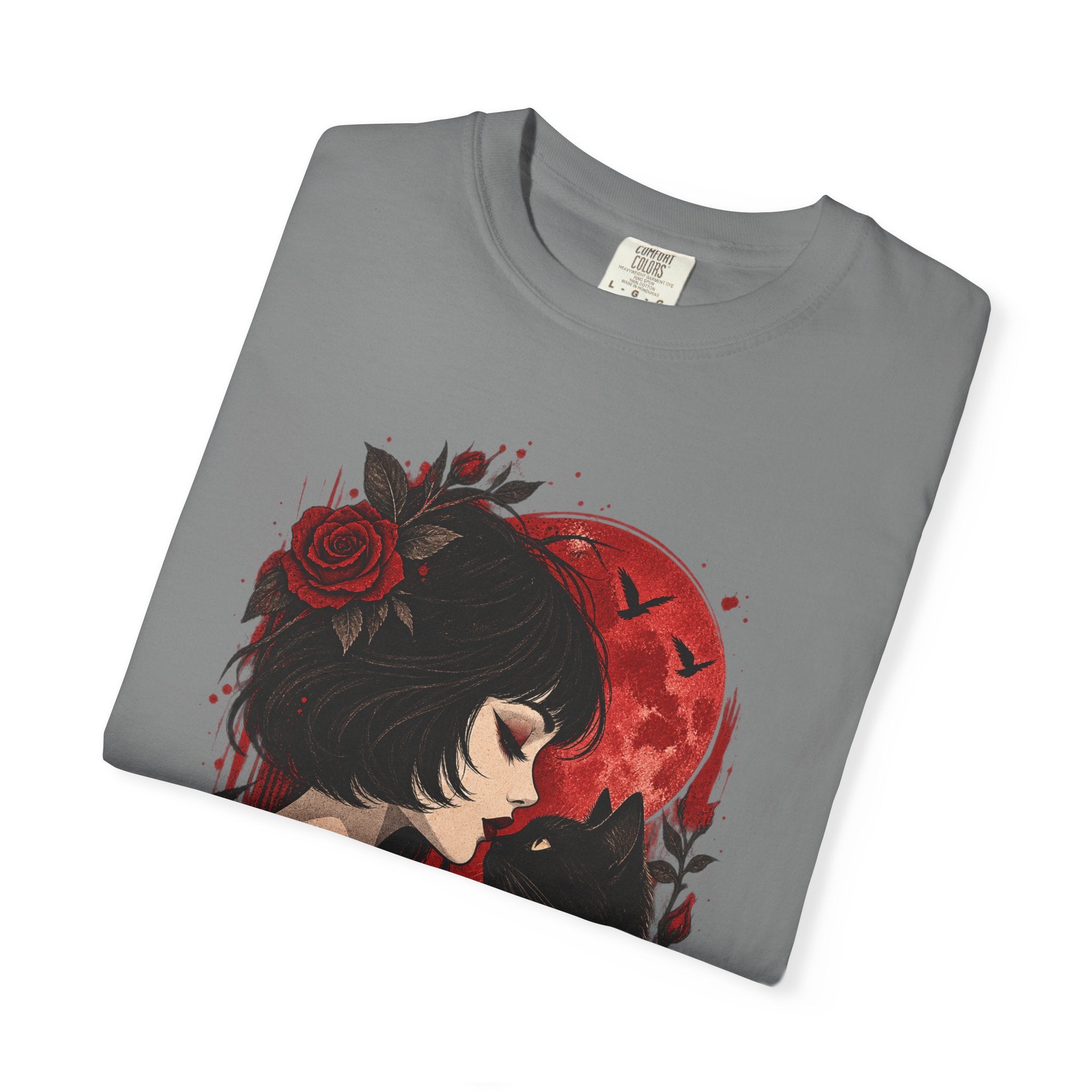Gothic Girl & Black Cat T‑Shirt — Red Moon Rose Illustration