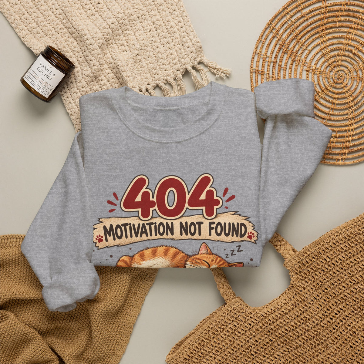 Crewneck Sweatshirt — "404 Motivation Not Found" Lazy Cat Graphic