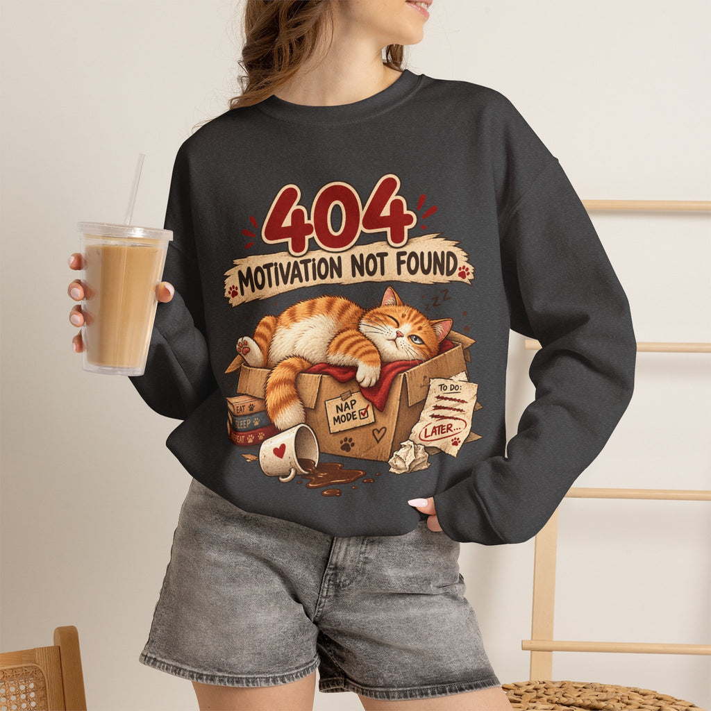 Crewneck Sweatshirt — "404 Motivation Not Found" Lazy Cat Graphic