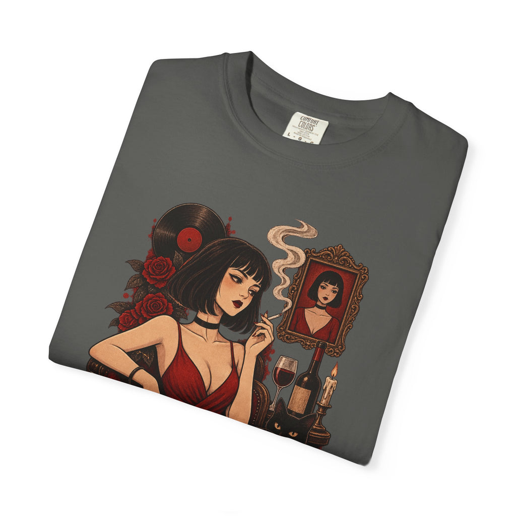 Vampy Noir Lady Graphic T-Shirt — Gothic Red Dress Illustration