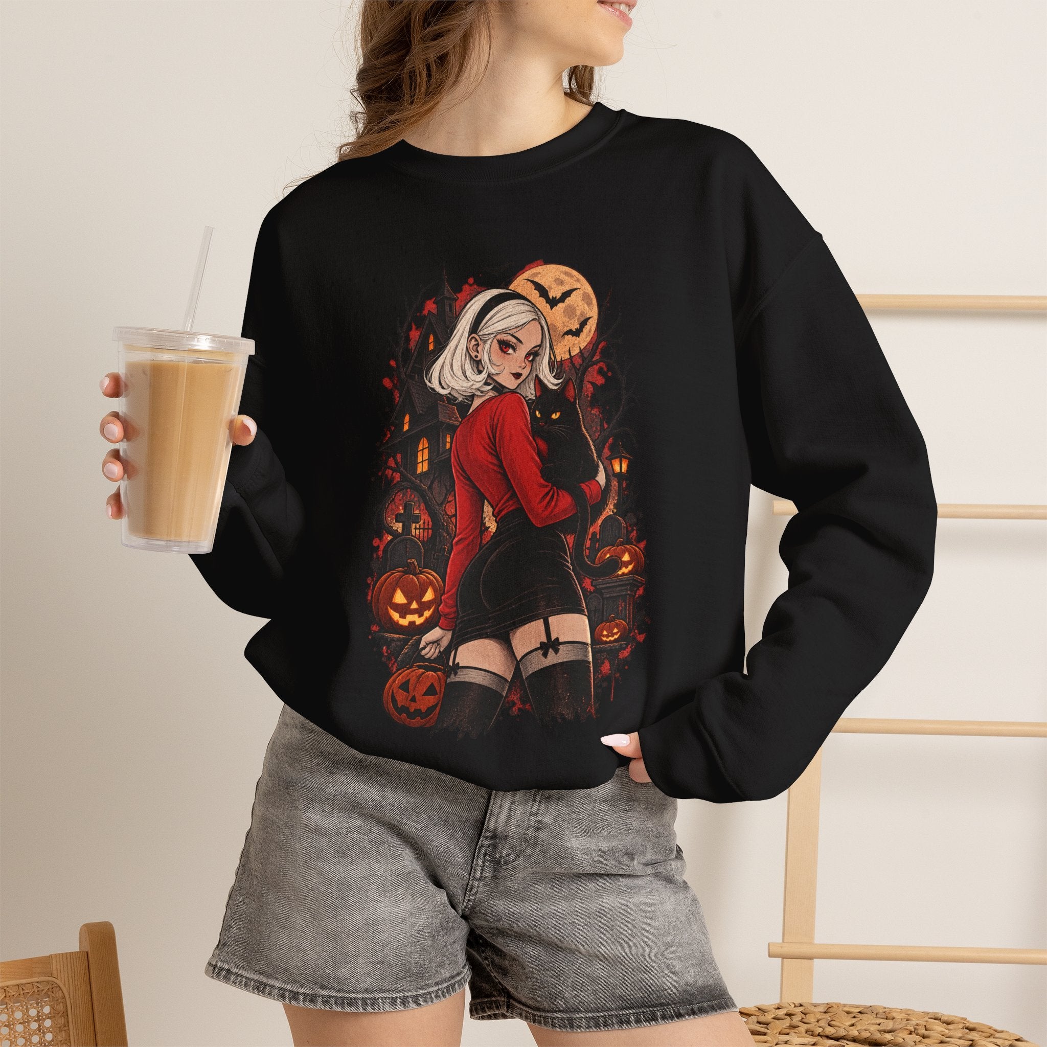 Halloween Pinup Crewneck Sweatshirt — Spooky Girl Pumpkin Design