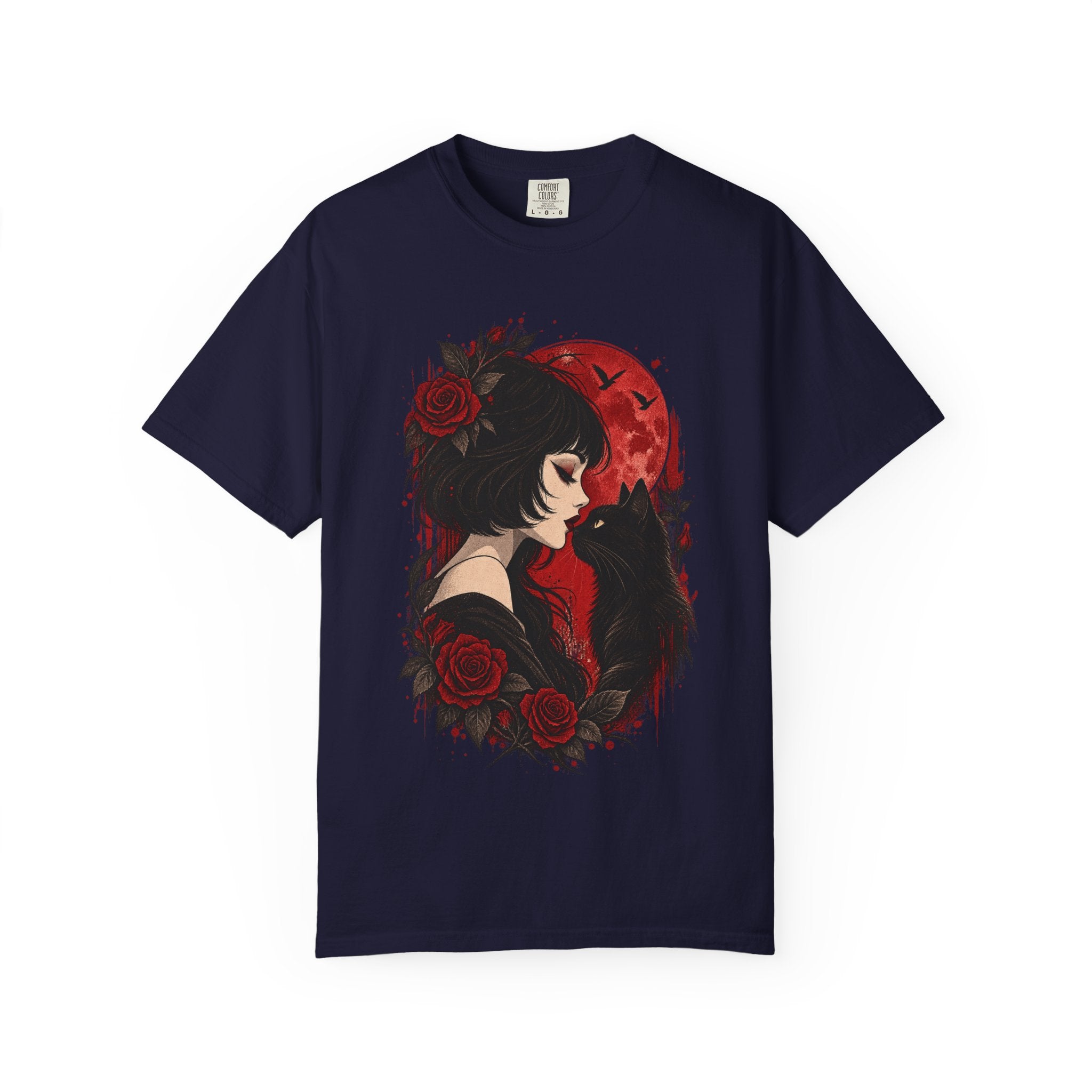 Gothic Girl & Black Cat T‑Shirt — Red Moon Rose Illustration