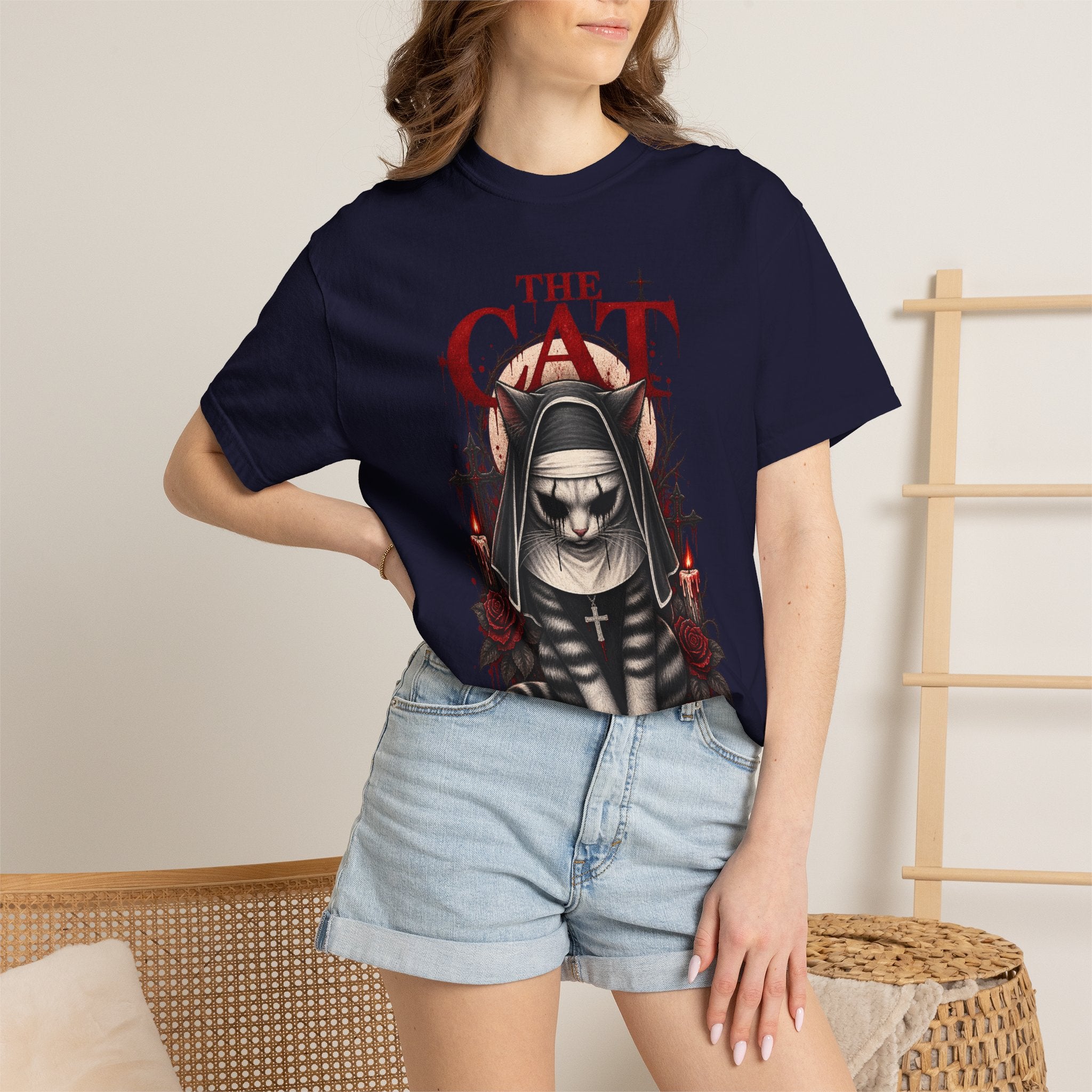 Gothic 'The Cat' T-Shirt — Nun Cat with Roses & Crosses