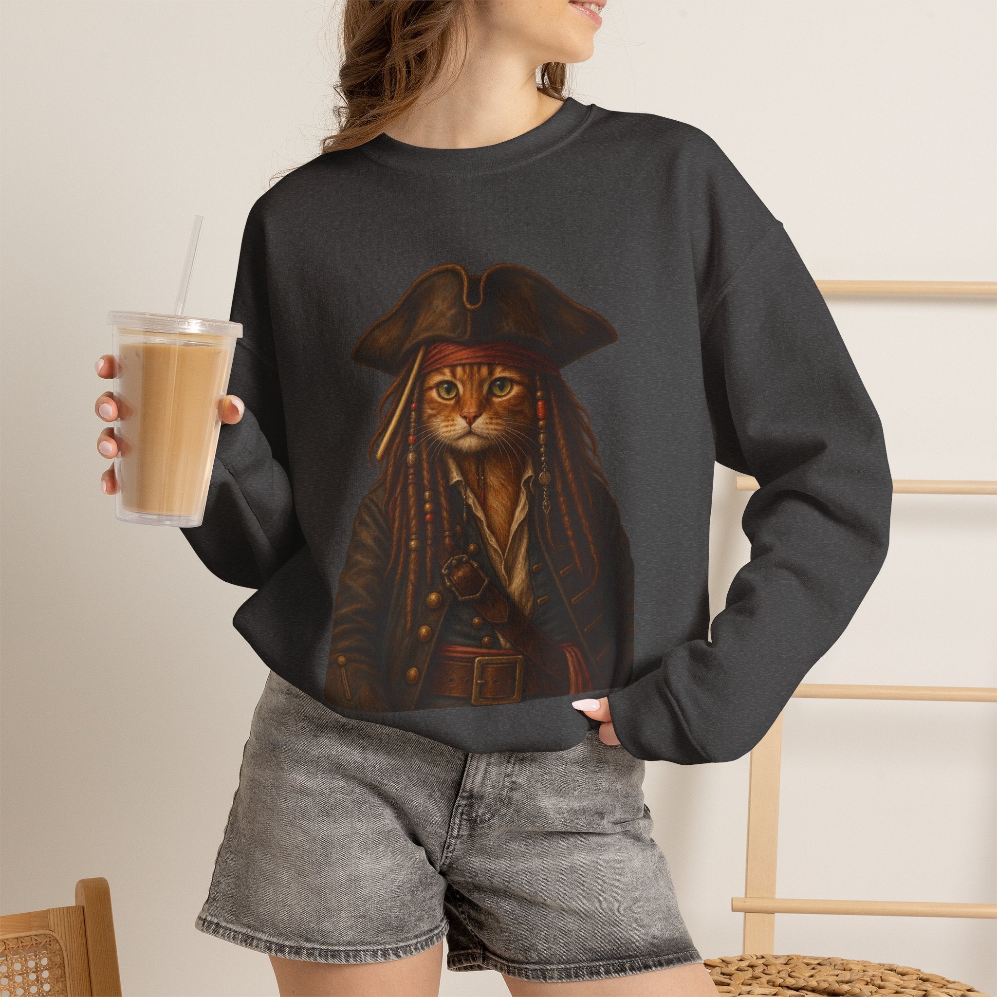 Pirate Cat Crewneck Sweatshirt — Captain Cat Portrait Pullover