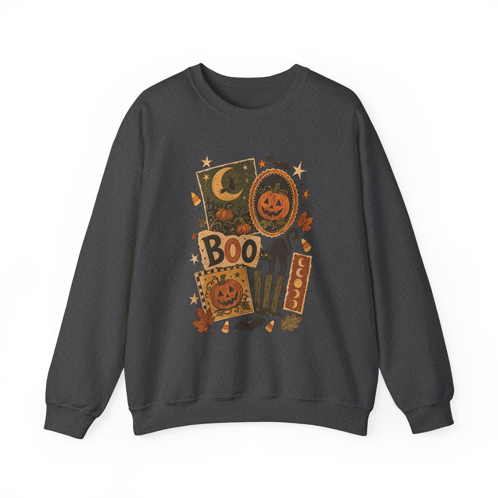 Halloween Vintage Patchwork Sweatshirt – 'Boo' Jack-o'-Lantern Crewneck