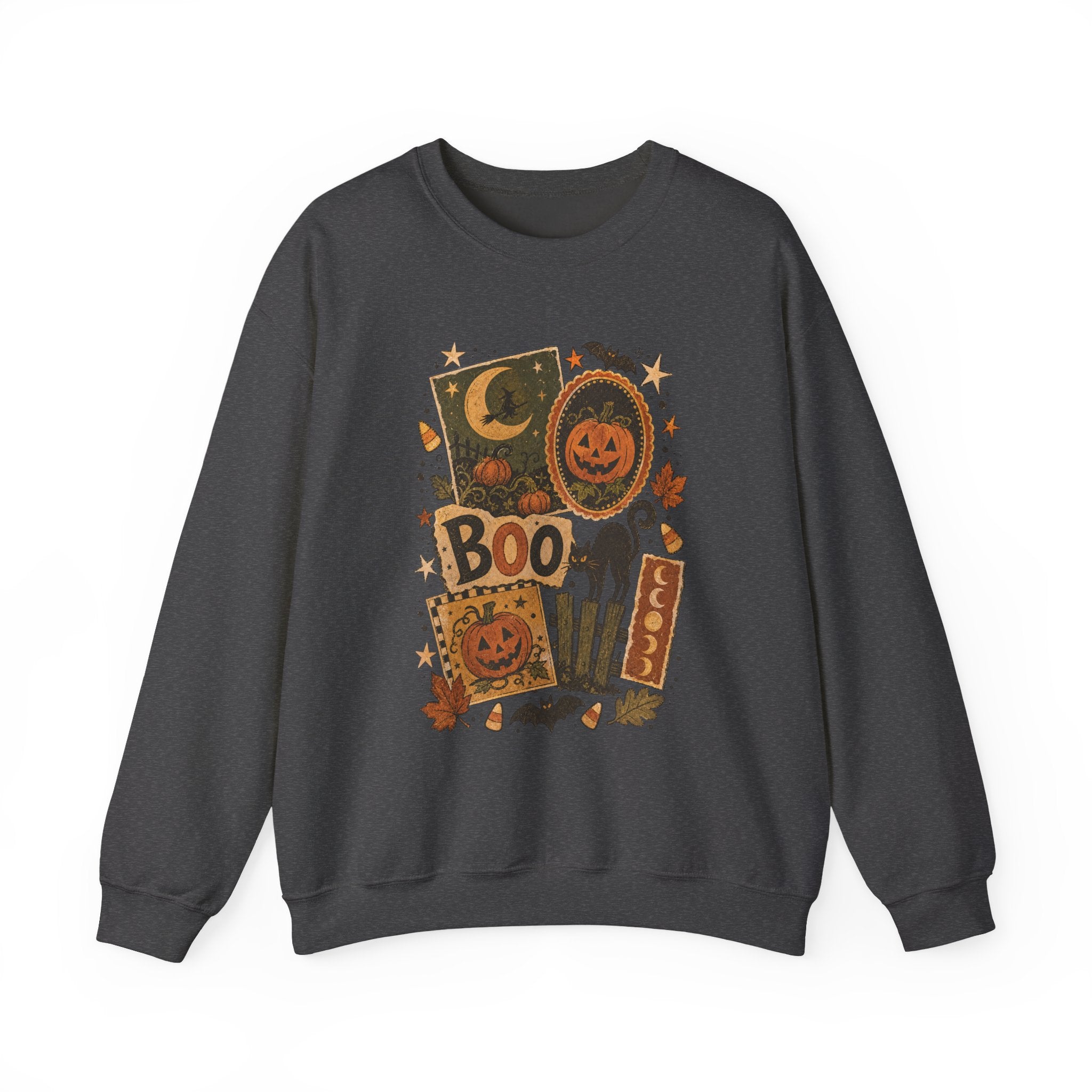 Halloween Vintage Patchwork Sweatshirt – 'Boo' Jack-o'-Lantern Crewneck