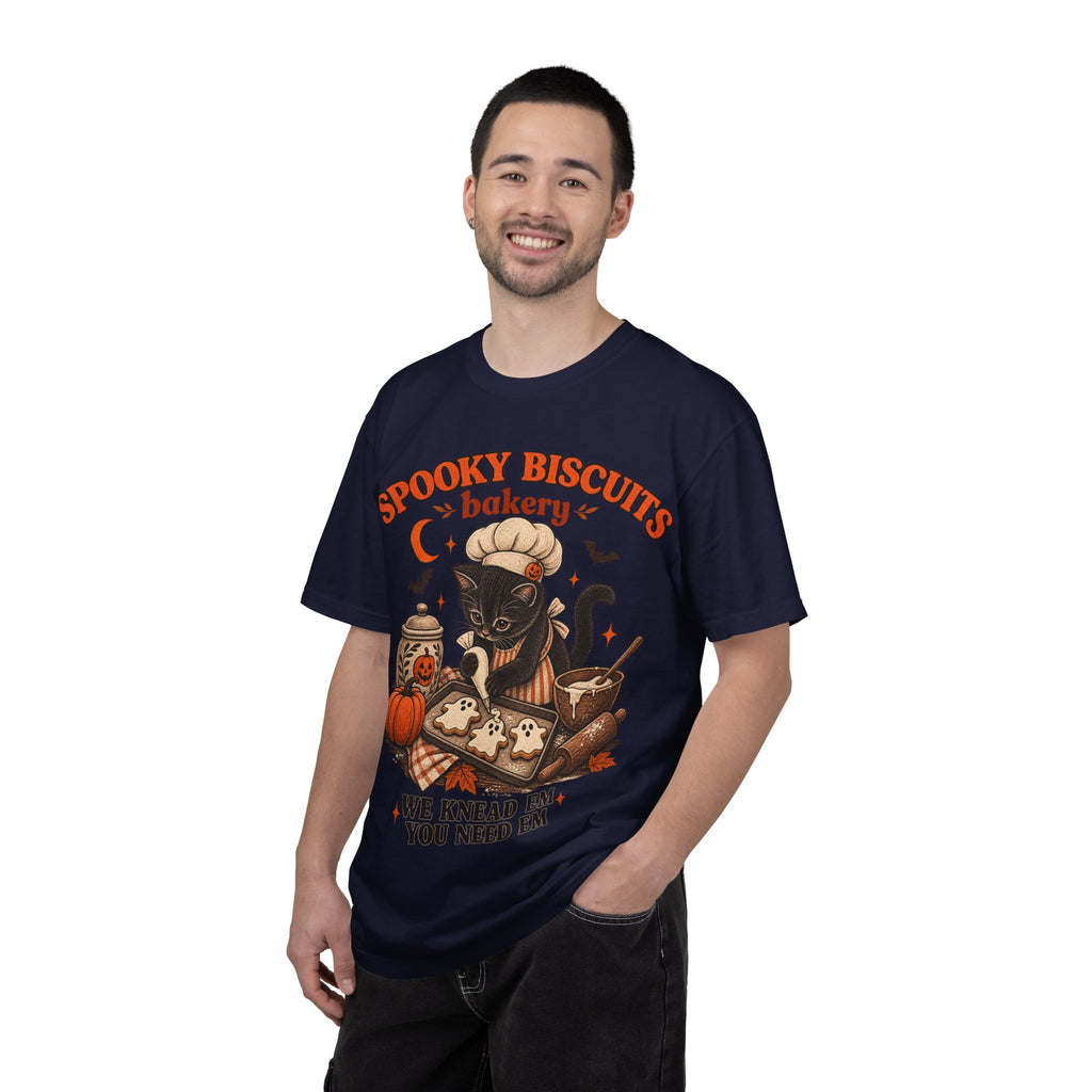 Spooky Biscuits Bakery T-Shirt — Halloween Black Cat Baking Tee (“We Knead ’Em, You Need ’Em”)