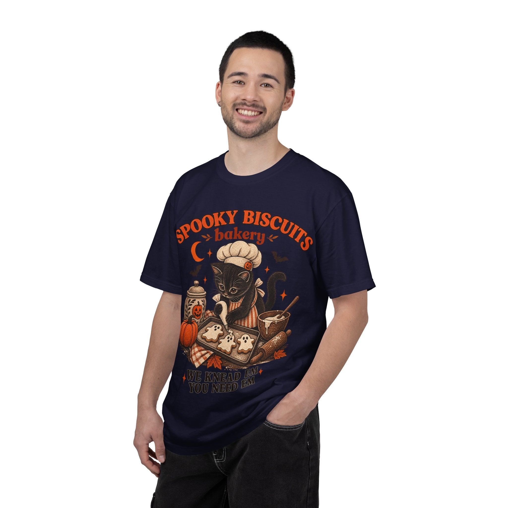 Spooky Biscuits Bakery T-Shirt — Halloween Black Cat Baking Tee (“We Knead ’Em, You Need ’Em”)