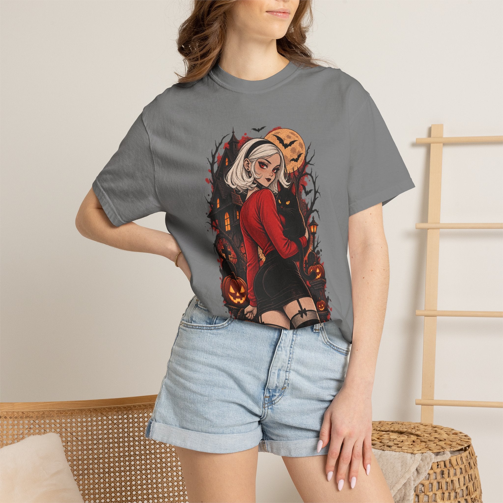 Halloween Pin-Up T-Shirt — Sexy Witch Girl with Jack-O'-Lanterns