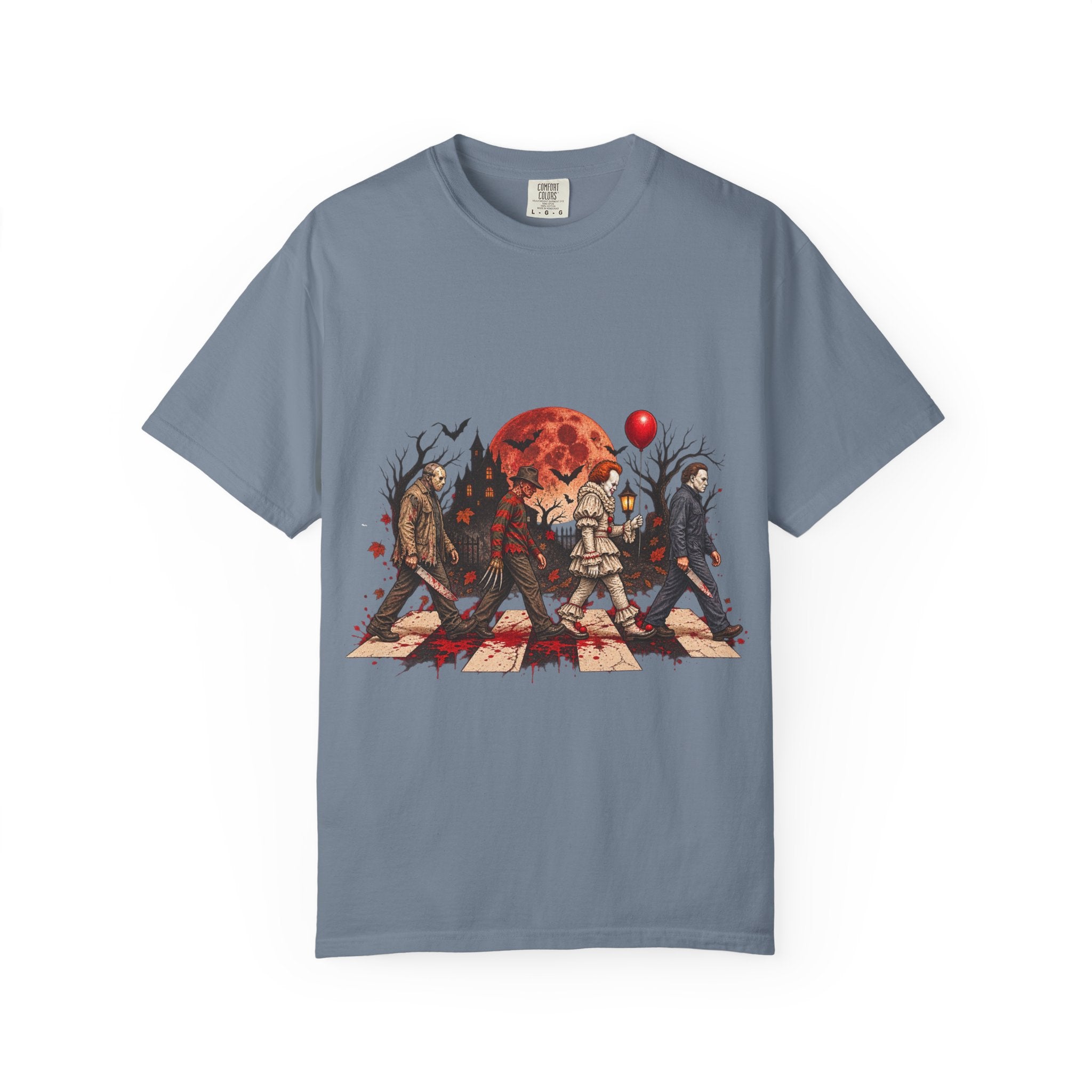 Horror Icons Crossing Graphic T-Shirt — Red Moon Pennywise & Slasher Mashup