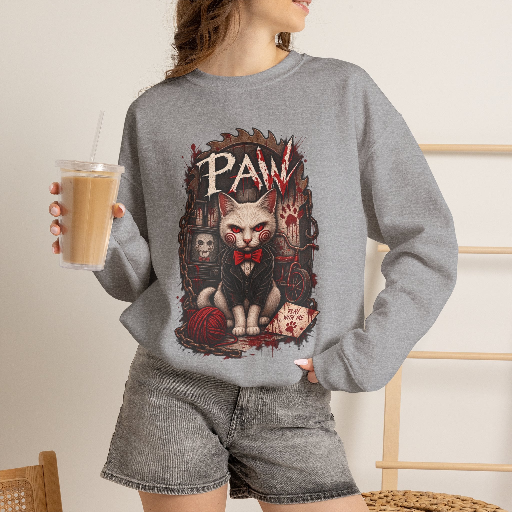 Horror Cat Crewneck Sweatshirt — "Paw" Gothic Killer Cat Graphic