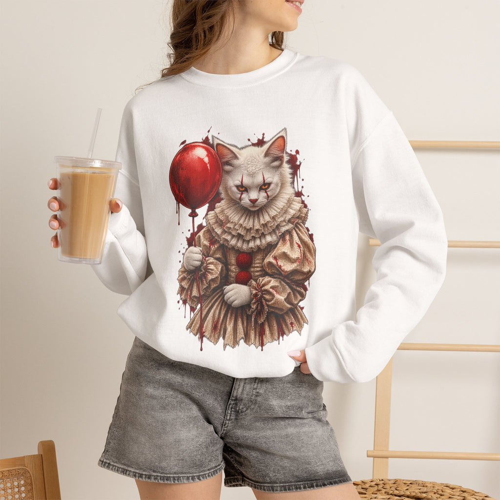 Cat Clown Crewneck Sweatshirt — Creepy Cat Holding Red Balloon Halloween Pullover