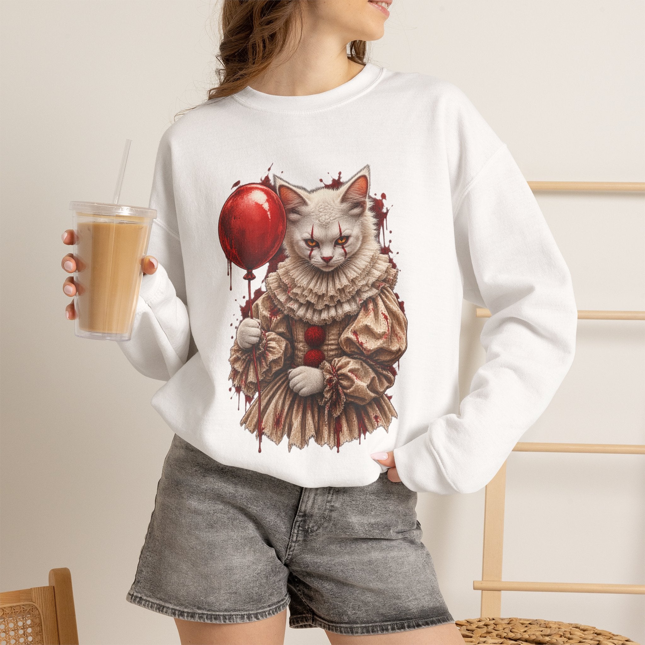 Cat Clown Crewneck Sweatshirt — Creepy Cat Holding Red Balloon Halloween Pullover