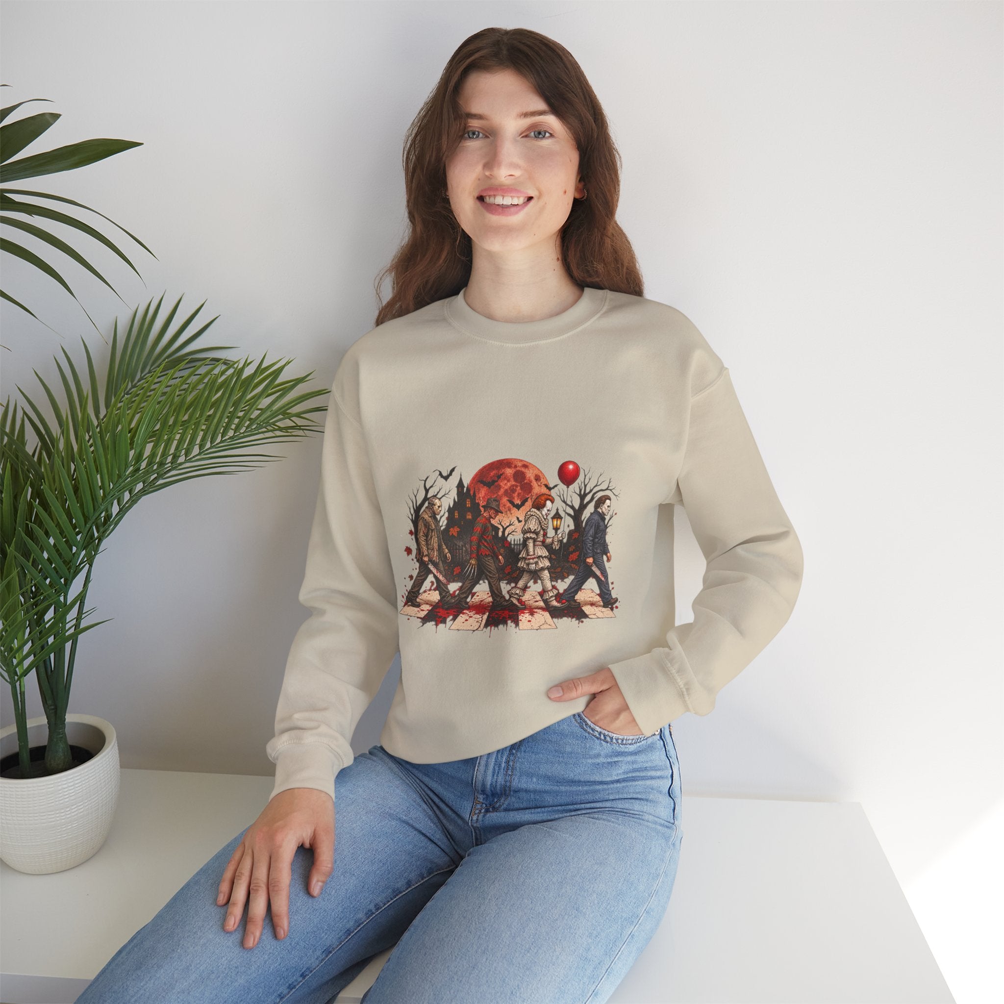 Horror Movie Icons Crewneck Sweatshirt — Pennywise, Jason & Slasher Silhouette Design