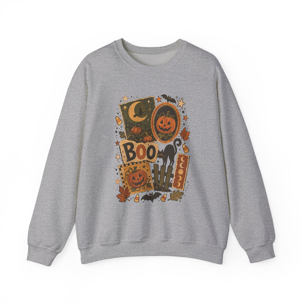 Halloween Vintage Patchwork Sweatshirt – 'Boo' Jack-o'-Lantern Crewneck