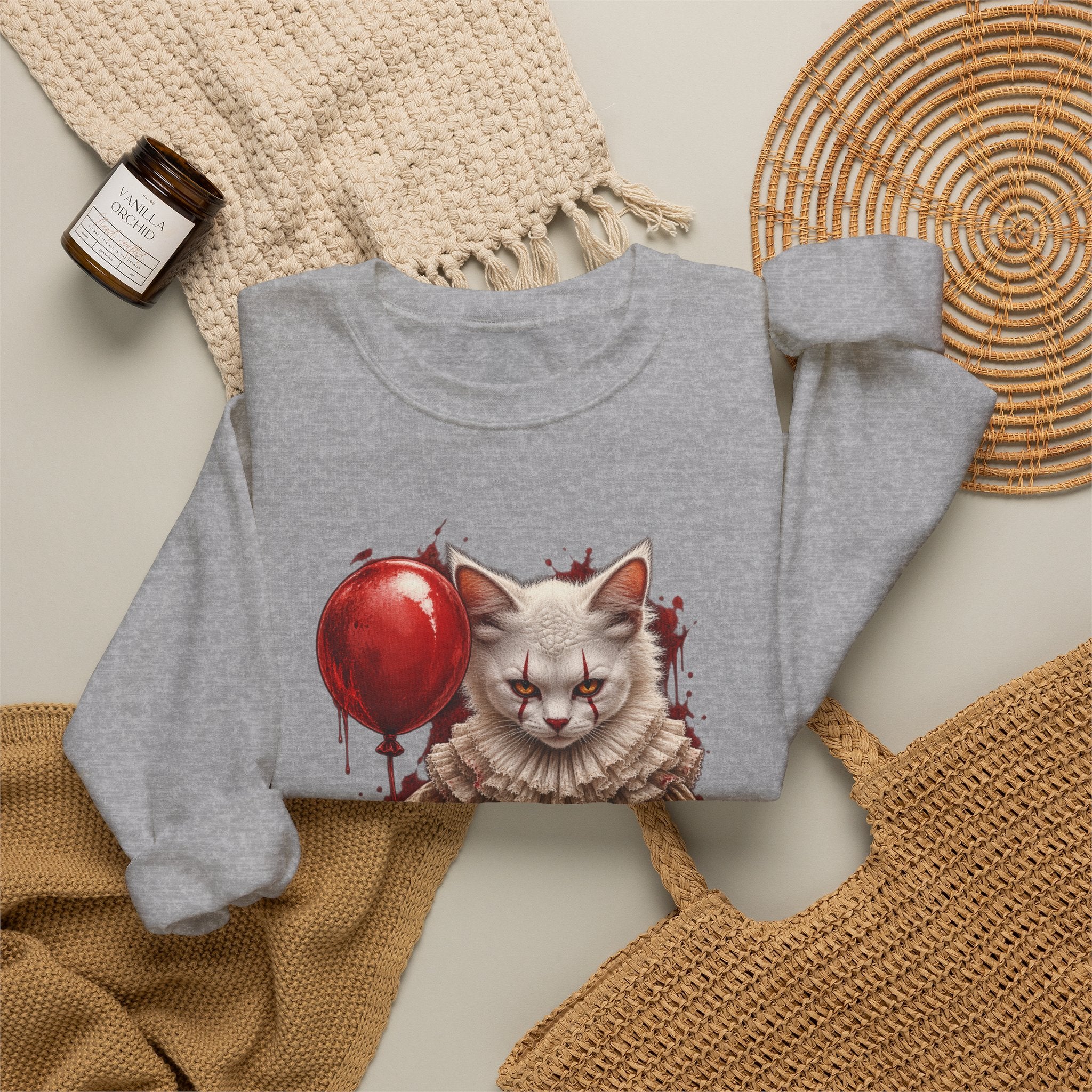 Cat Clown Crewneck Sweatshirt — Creepy Cat Holding Red Balloon Halloween Pullover