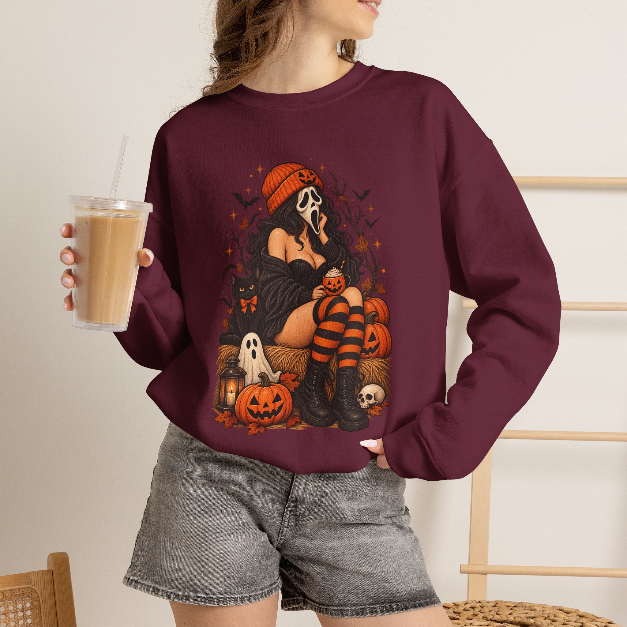 Halloween Crewneck Sweatshirt — Cozy Gothic Pumpkin & Skull Design