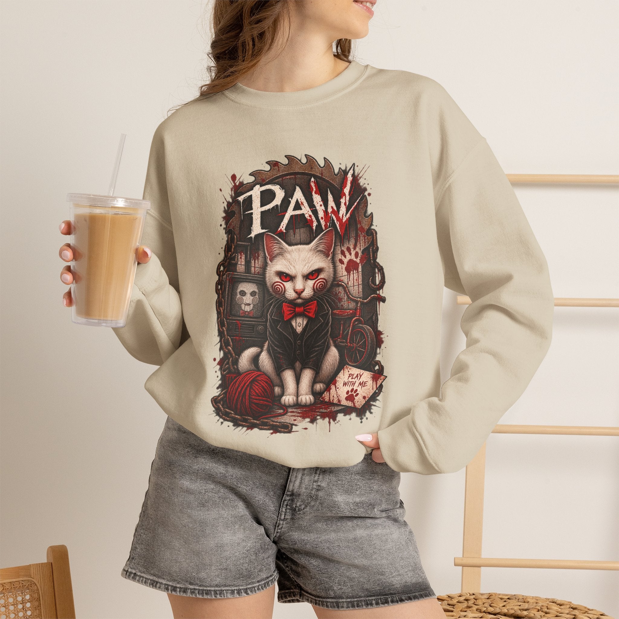 Horror Cat Crewneck Sweatshirt — "Paw" Gothic Killer Cat Graphic