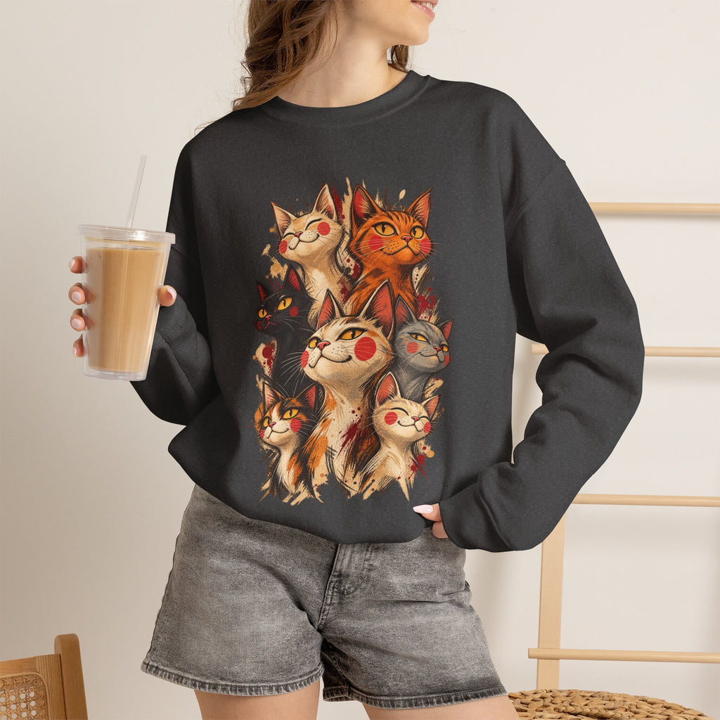 Cat Pack Crewneck Sweatshirt — Whimsical Multi-Cat Illustration