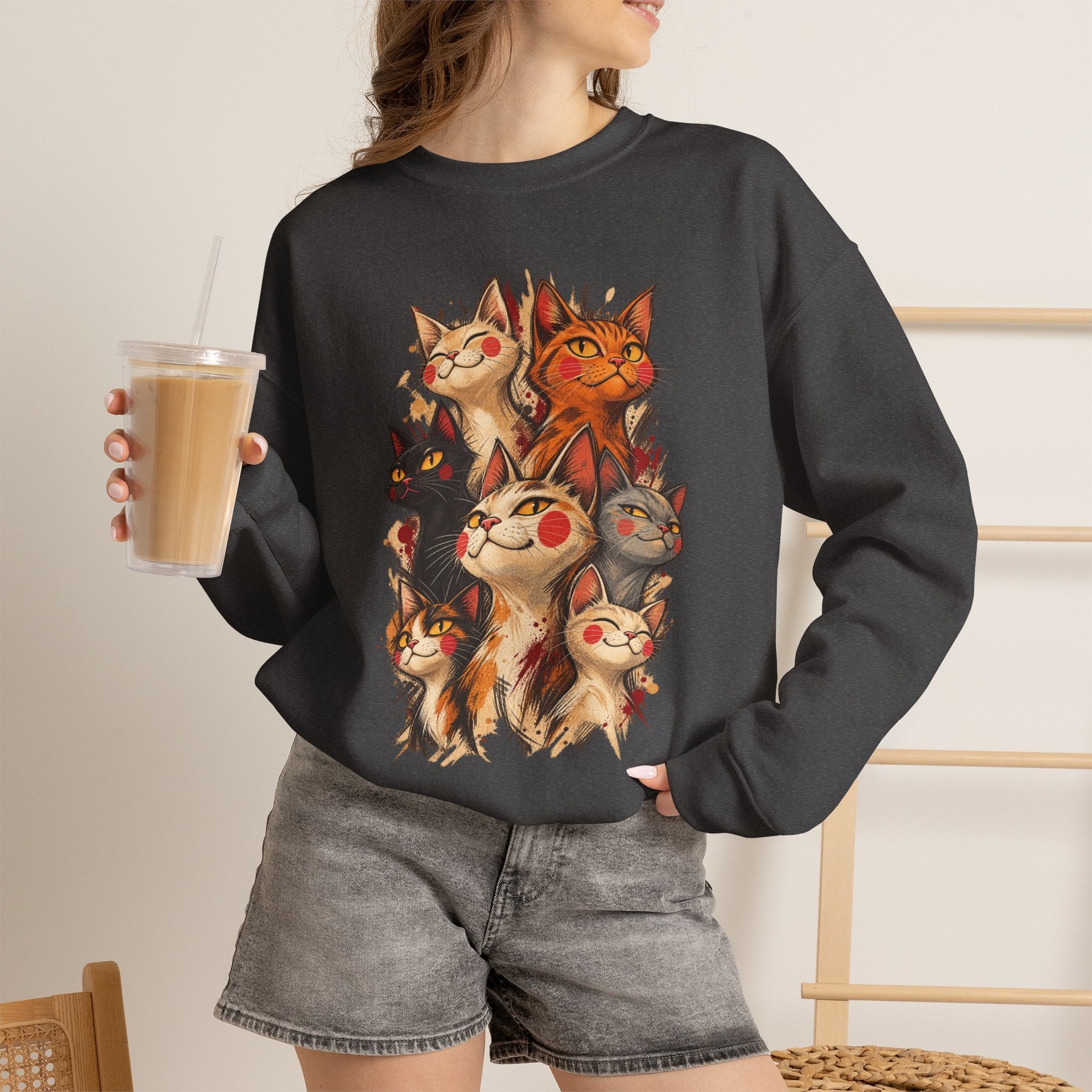 Cat Pack Crewneck Sweatshirt — Whimsical Multi-Cat Illustration