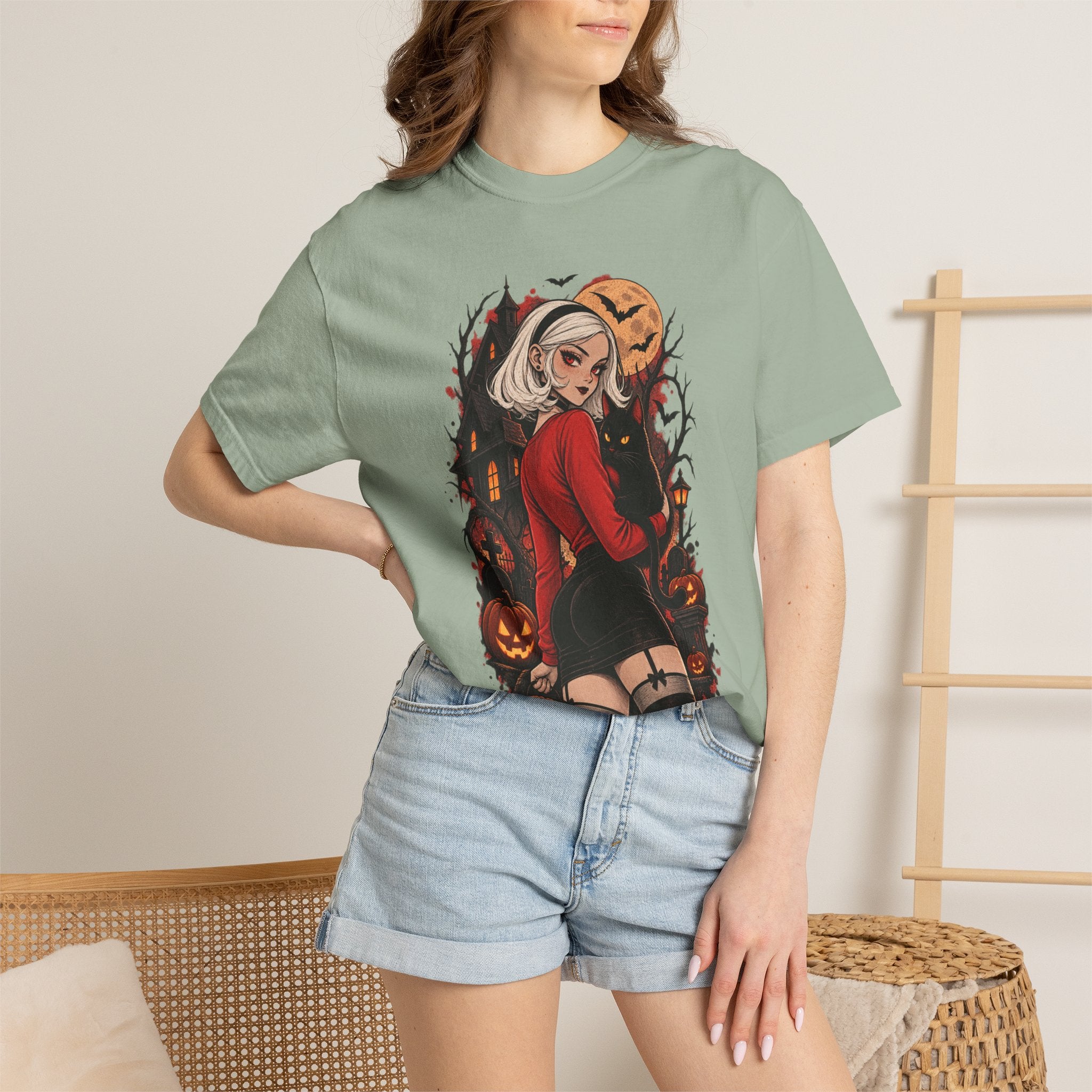 Halloween Pin-Up T-Shirt — Sexy Witch Girl with Jack-O'-Lanterns