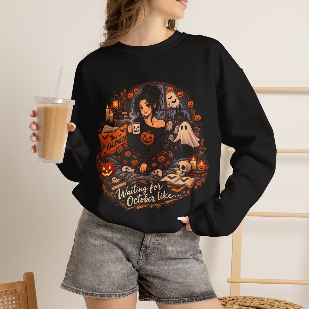 Halloween Cozy Crewneck Sweatshirt – "Waiting for October Like..." Gothic Pumpkin Design