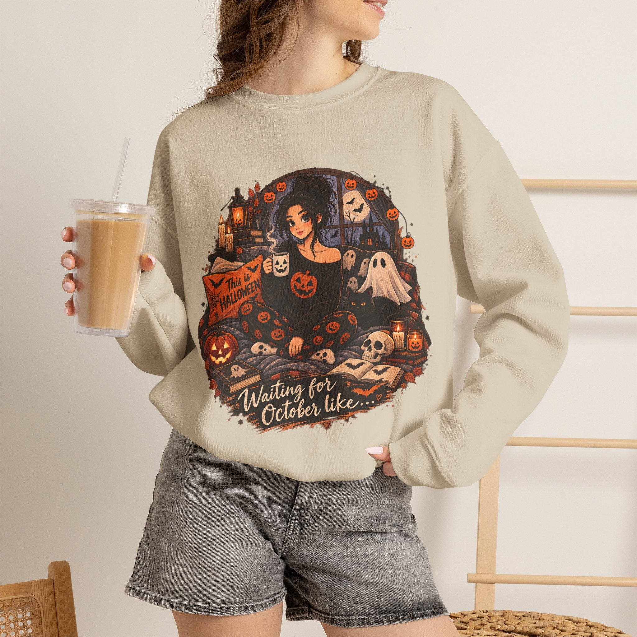 Halloween Cozy Crewneck Sweatshirt – "Waiting for October Like..." Gothic Pumpkin Design