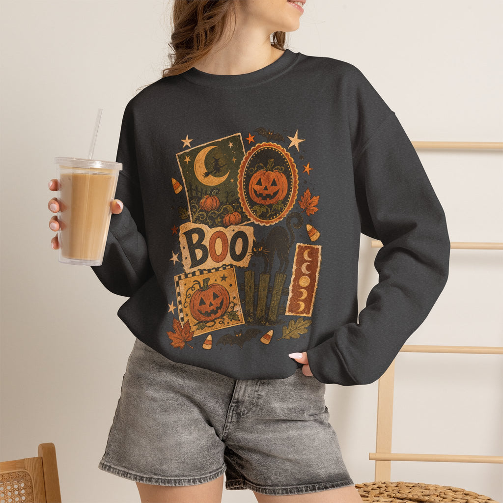 Halloween Vintage Patchwork Sweatshirt – 'Boo' Jack-o'-Lantern Crewneck