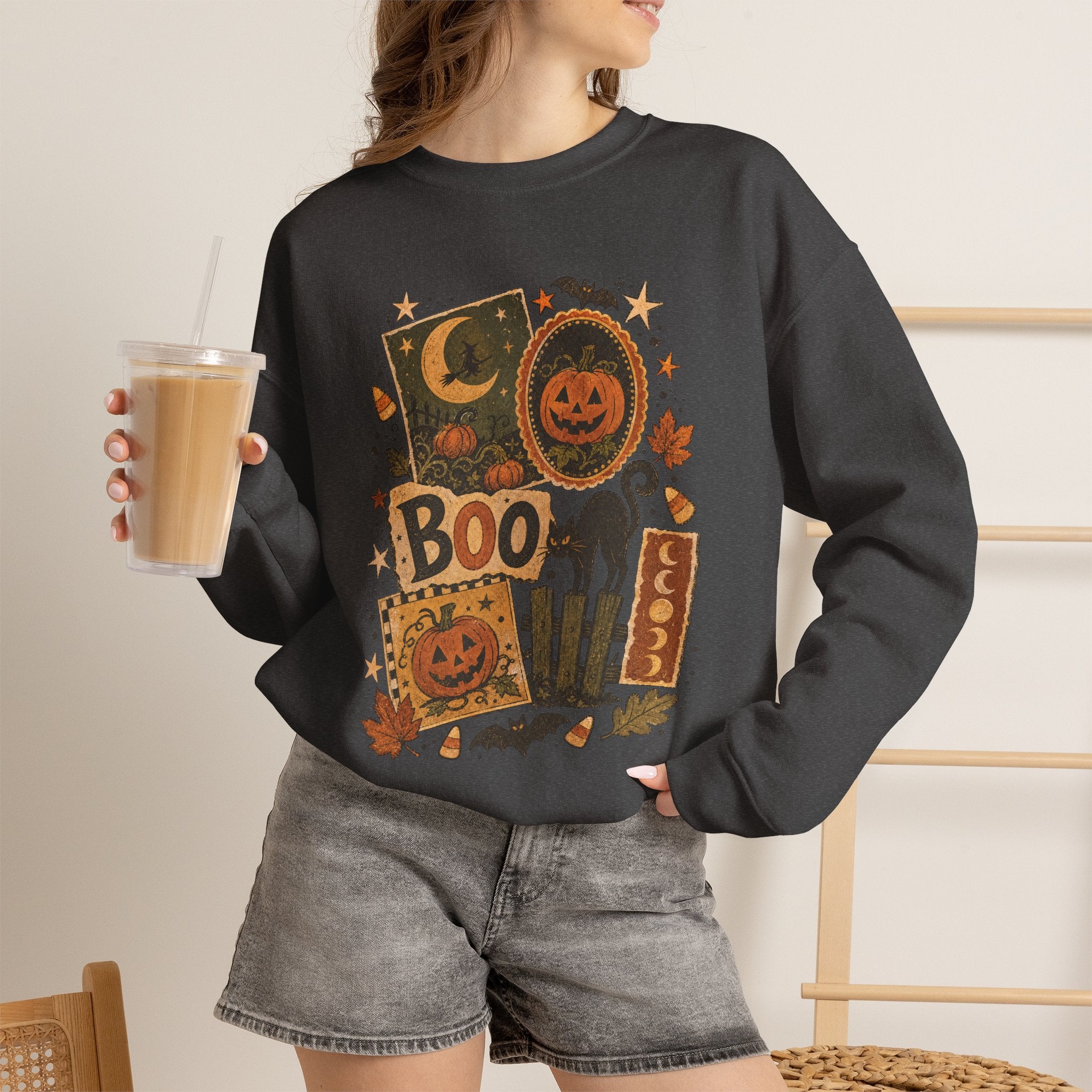 Halloween Vintage Patchwork Sweatshirt – 'Boo' Jack-o'-Lantern Crewneck