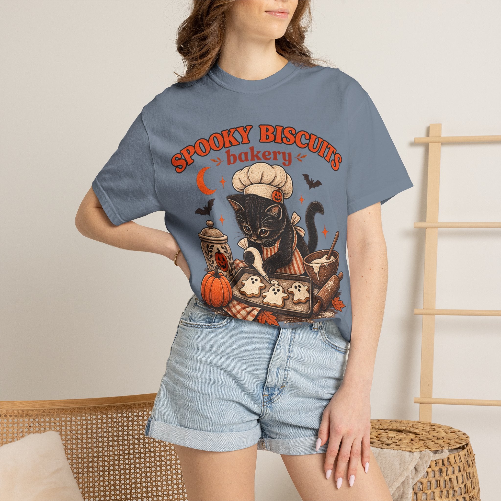 Spooky Biscuits Bakery T-Shirt — Halloween Black Cat Baking Tee (“We Knead ’Em, You Need ’Em”)
