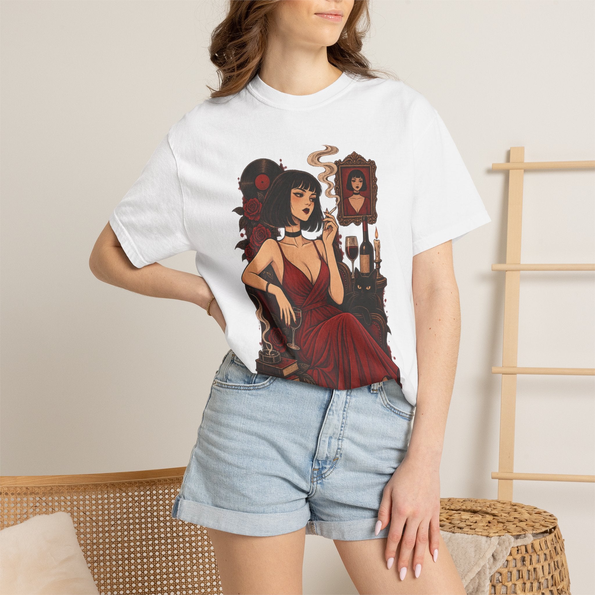Vampy Noir Lady Graphic T-Shirt — Gothic Red Dress Illustration