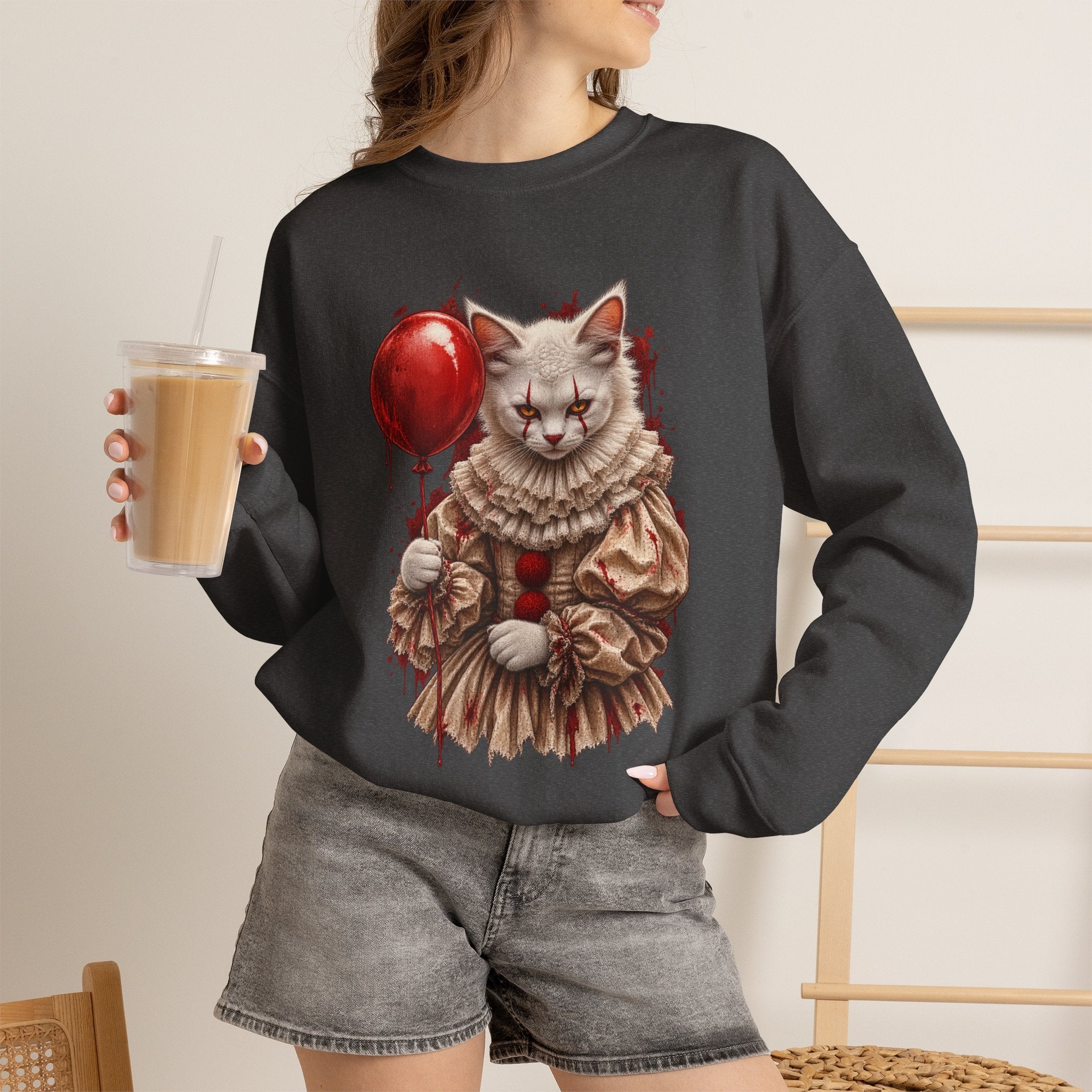 Cat Clown Crewneck Sweatshirt — Creepy Cat Holding Red Balloon Halloween Pullover