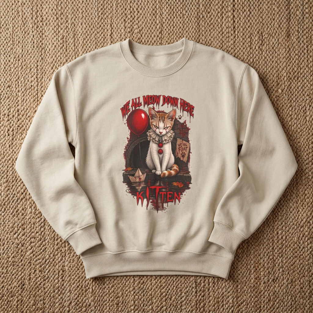 Horror Cat Crewneck Sweatshirt — "Kitten" Creepy Balloon Graphic