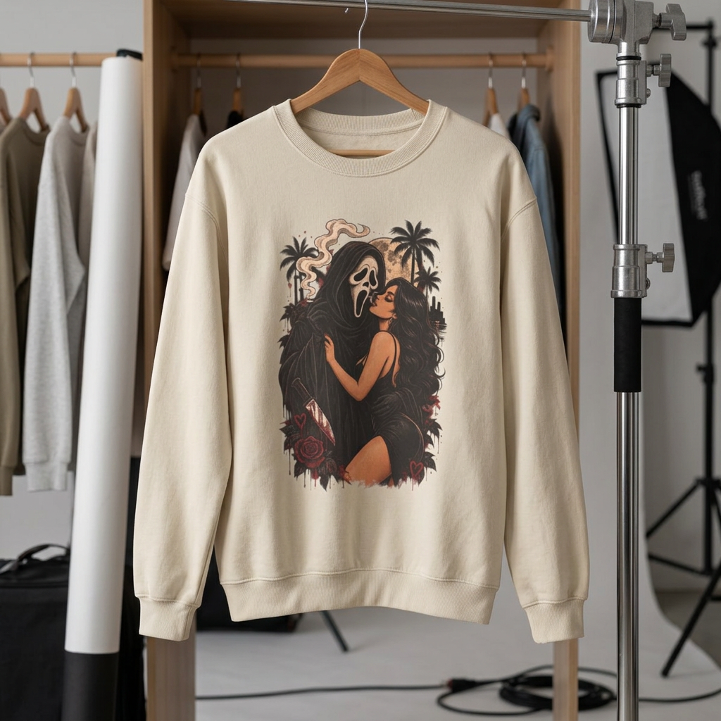 A cream-colored crewneck sweatshirt hanging on a wooden hanger, featuring a graphic print of Ghostface from the Scream movie with a woman, palm trees, and roses. The sweatshirt is displayed in a studio setting with clothing racks and lighting equipment visible in the background.