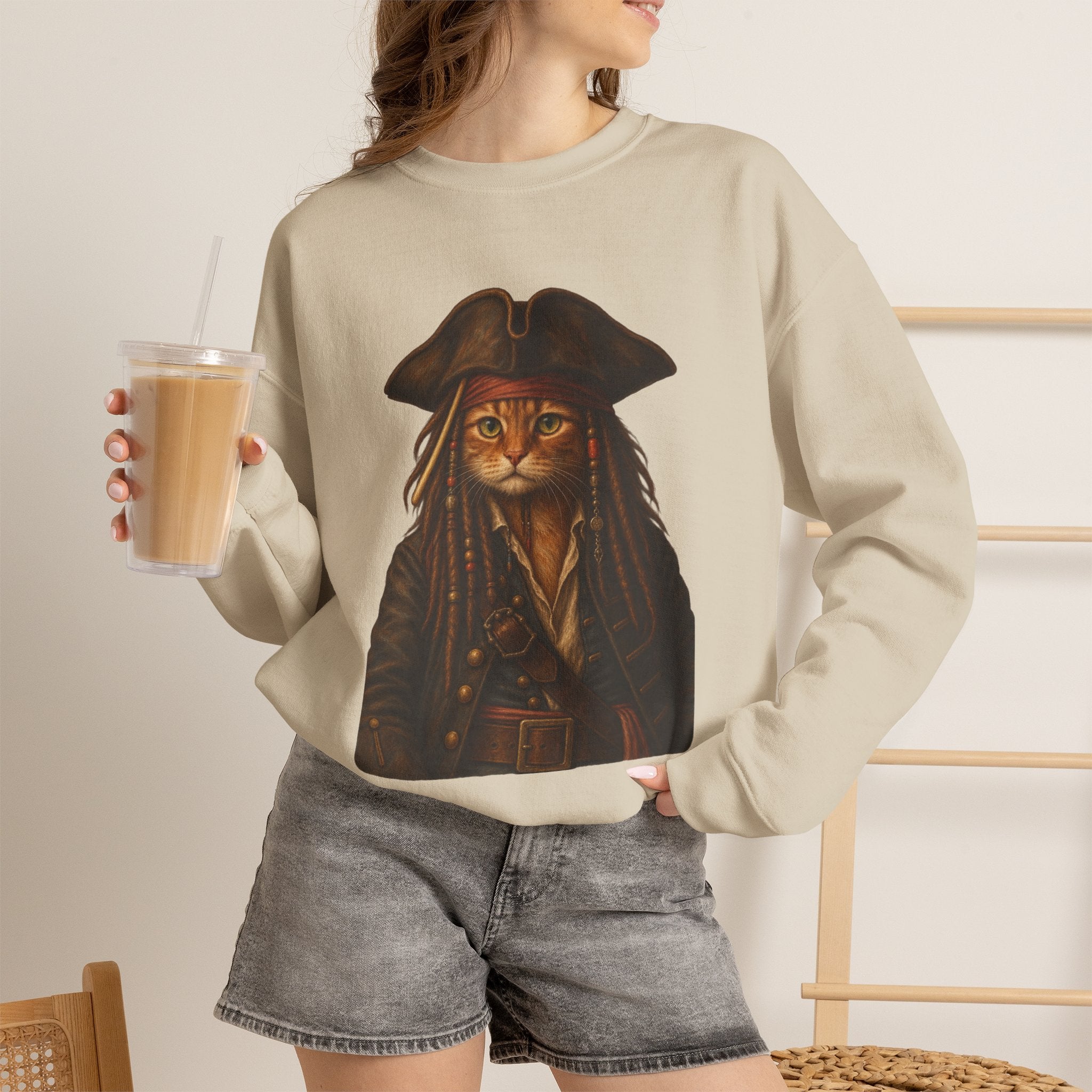 Pirate Cat Crewneck Sweatshirt — Captain Cat Portrait Pullover
