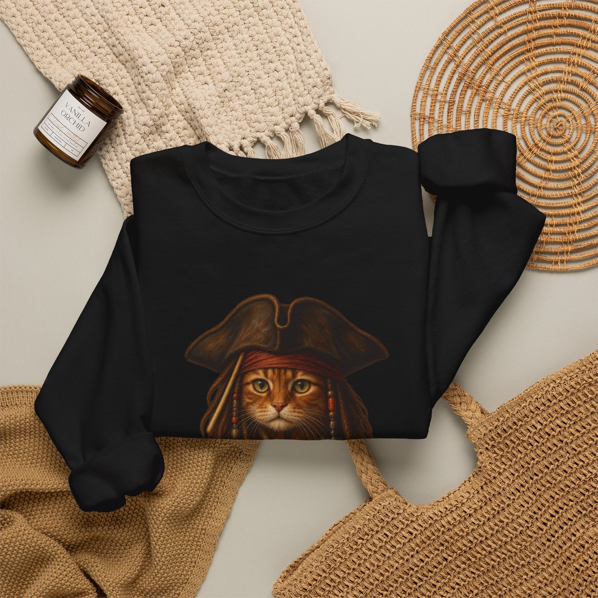 Pirate Cat Crewneck Sweatshirt — Captain Cat Portrait Pullover