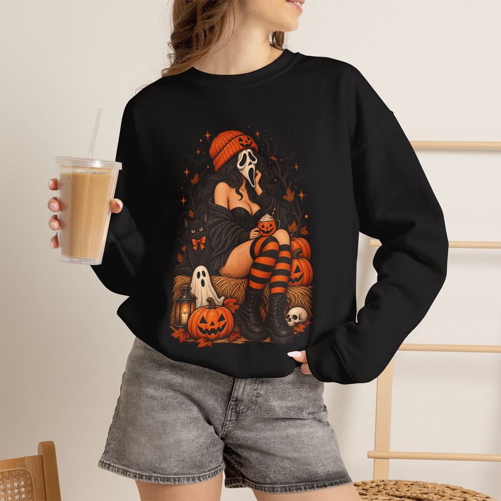 Halloween Crewneck Sweatshirt — Cozy Gothic Pumpkin & Skull Design