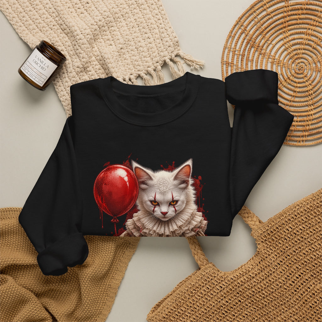 Cat Clown Crewneck Sweatshirt — Creepy Cat Holding Red Balloon Halloween Pullover