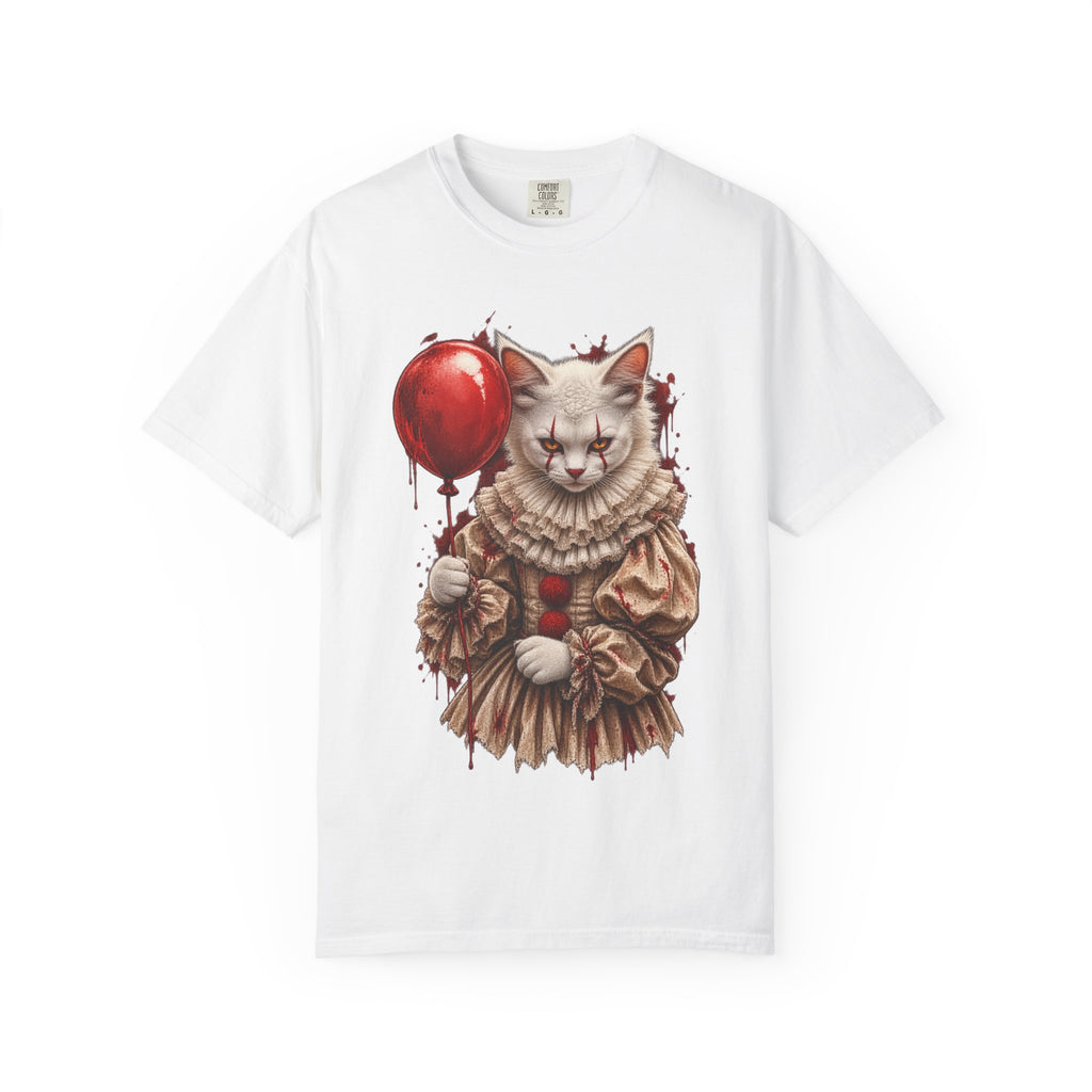 Horror Clown Cat T-Shirt — Creepy Victorian Cat with Red Balloon