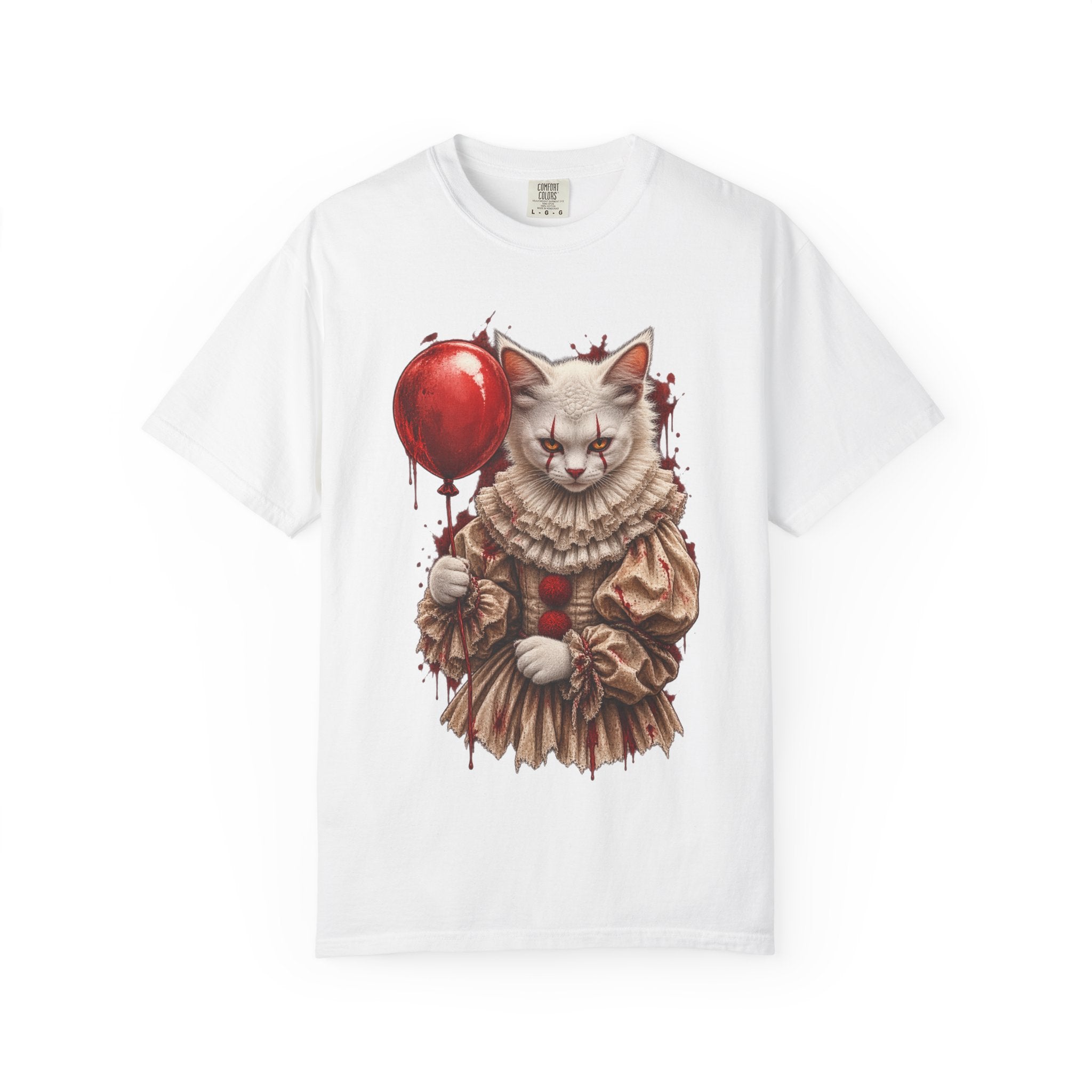 Horror Clown Cat T-Shirt — Creepy Victorian Cat with Red Balloon