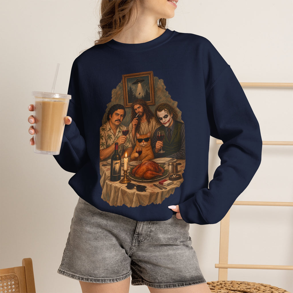 Crewneck Sweatshirt — Vintage Movie Villains Thanksgiving Dinner Graphic