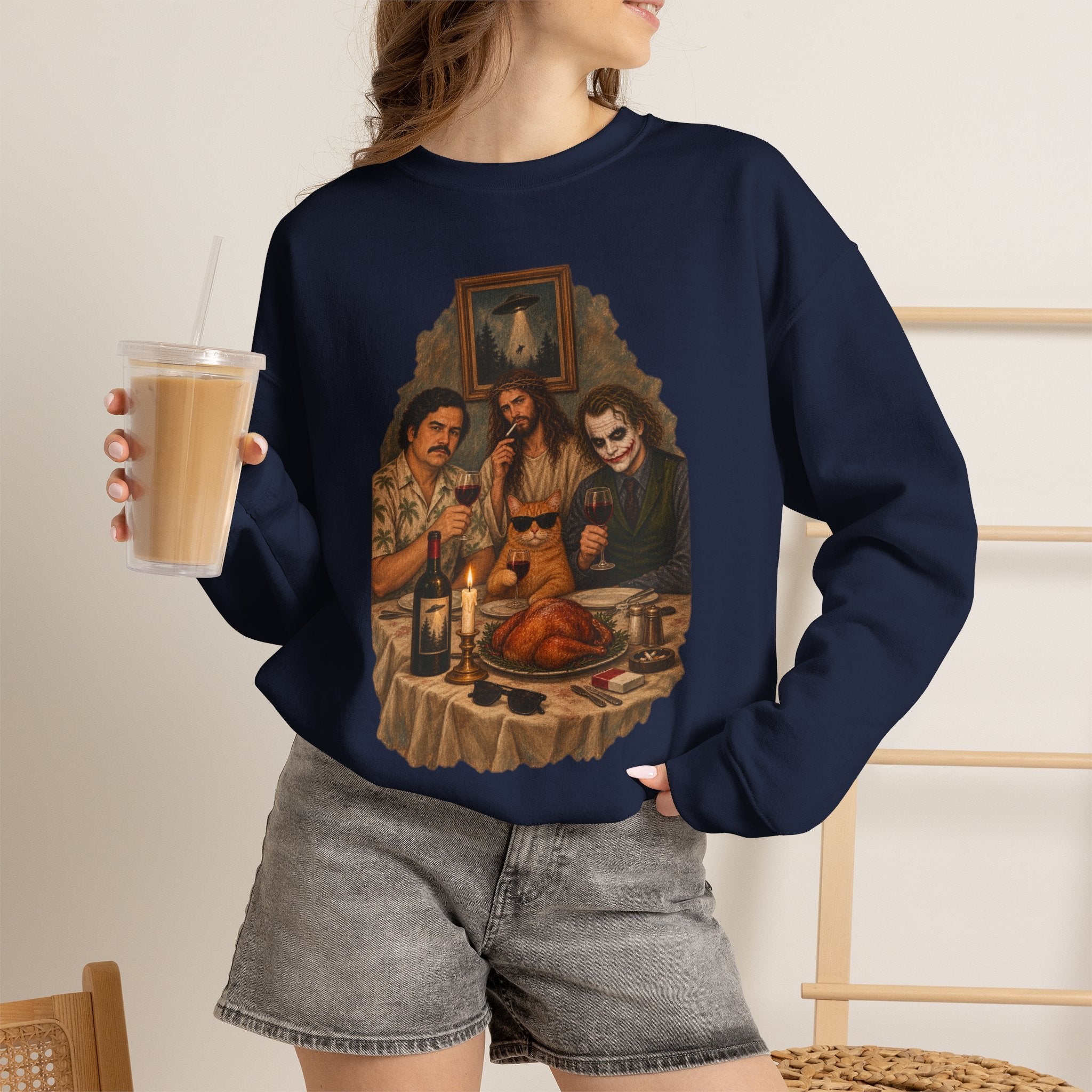 Crewneck Sweatshirt — Vintage Movie Villains Thanksgiving Dinner Graphic