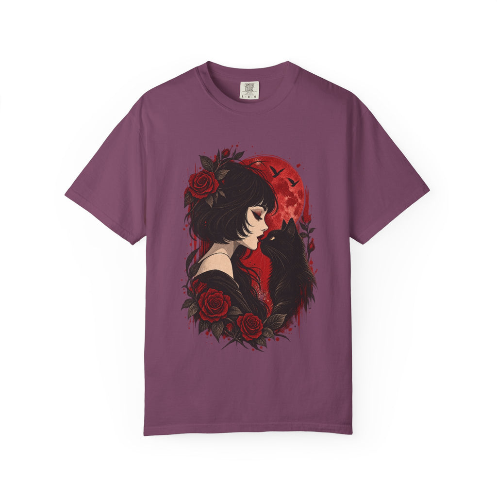 Gothic Girl & Black Cat T‑Shirt — Red Moon Rose Illustration