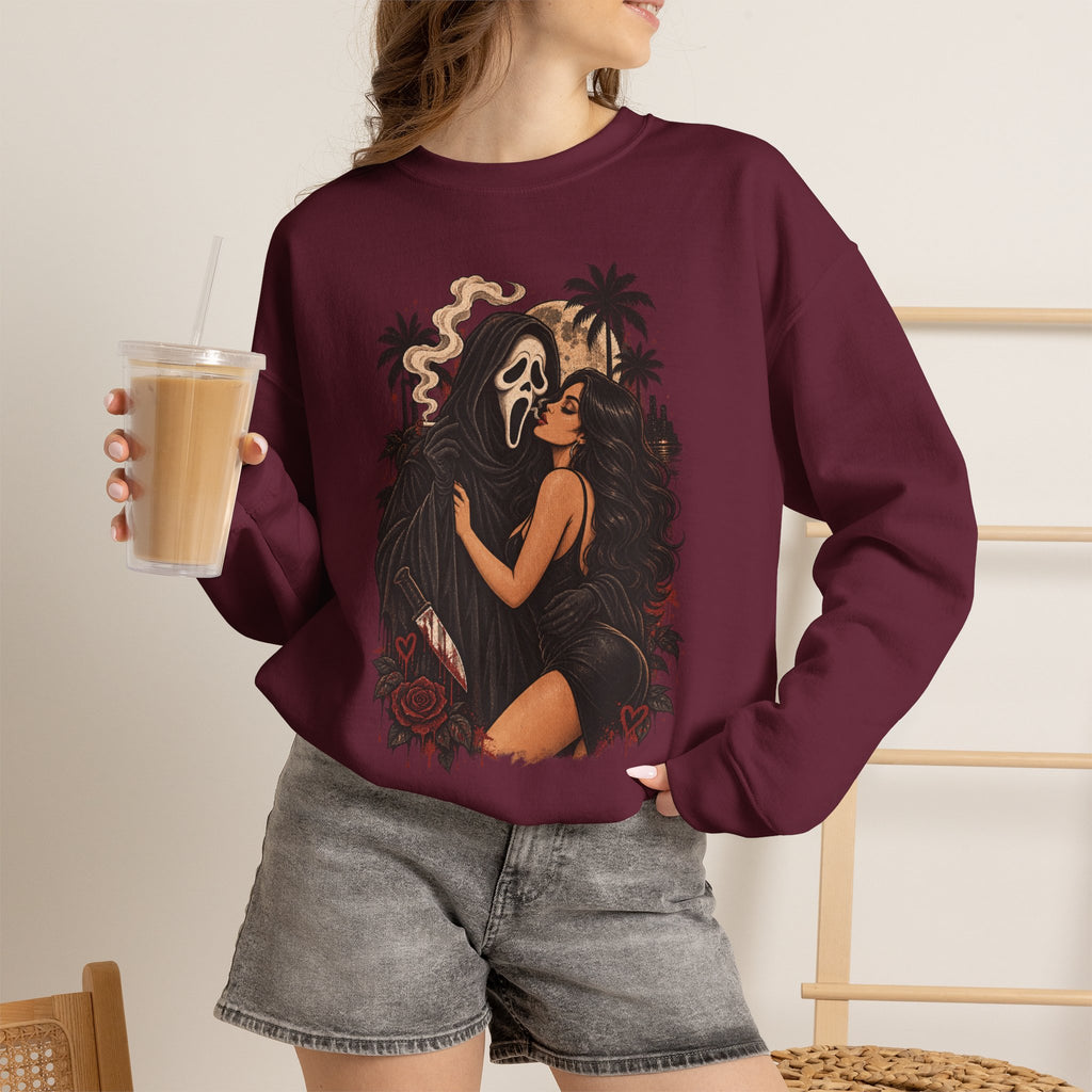 Horror Romance Crewneck Sweatshirt – Masked Ghost Embrace Graphic